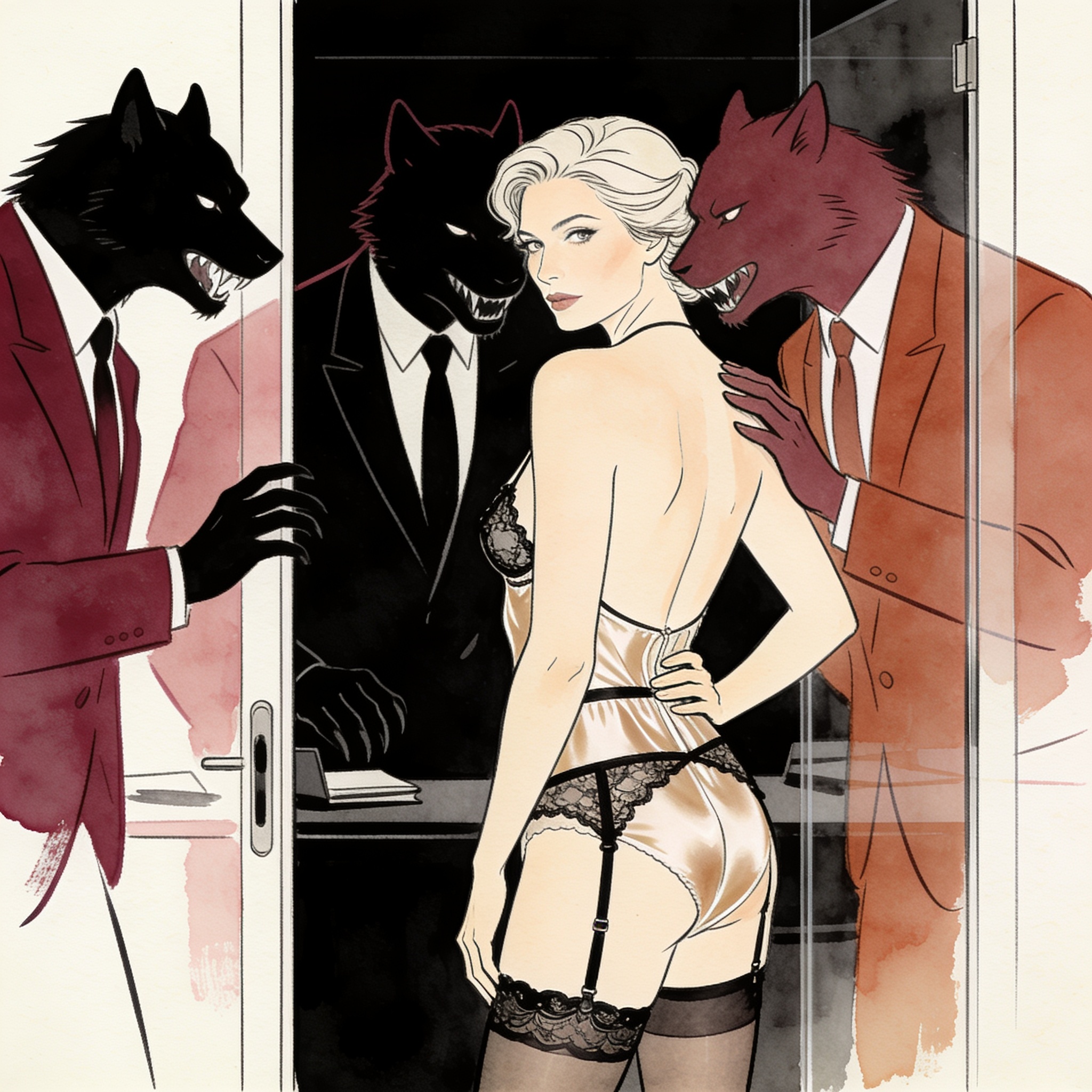Young woman in garter belt faces predatory silhouettes in a dark office.