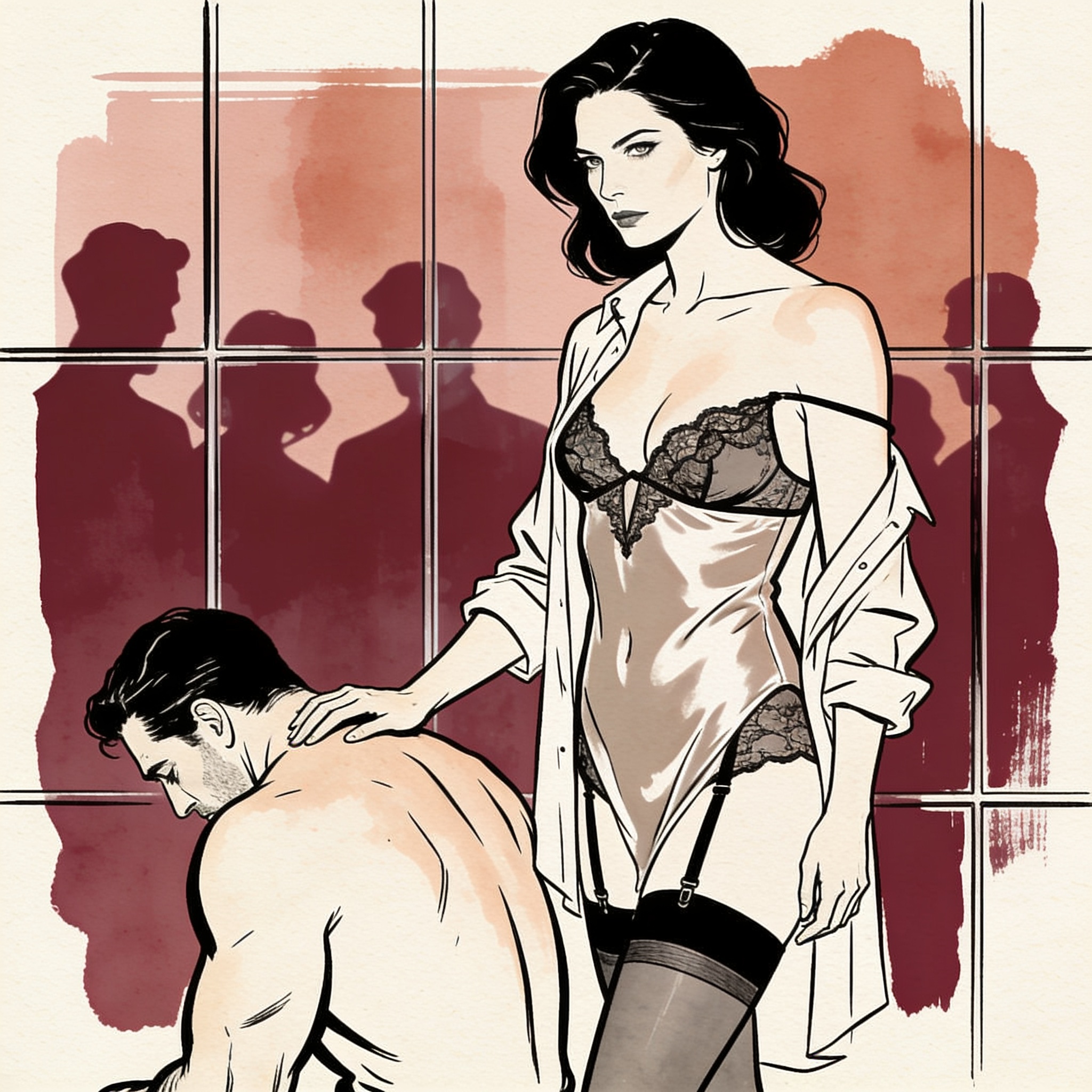 A man kneels submissively as a woman places her hand on his shoulder, watched by an aud...
