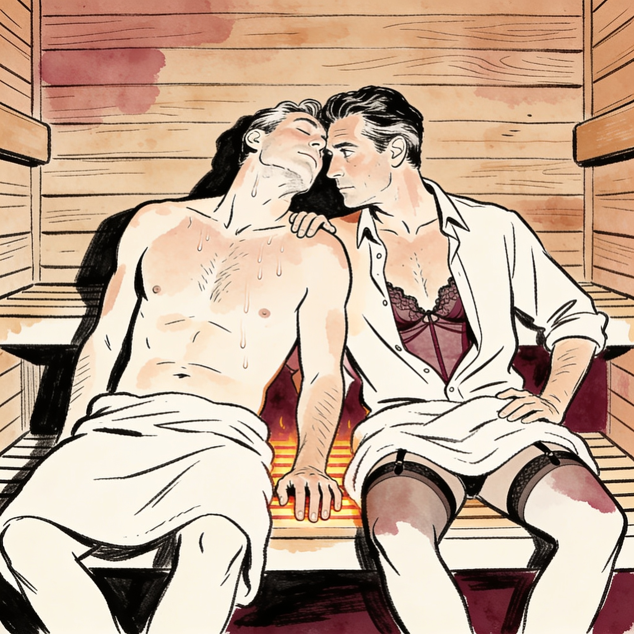 Two men sit close in a steamy sauna, one with eyes closed, the other gazing at him inte...