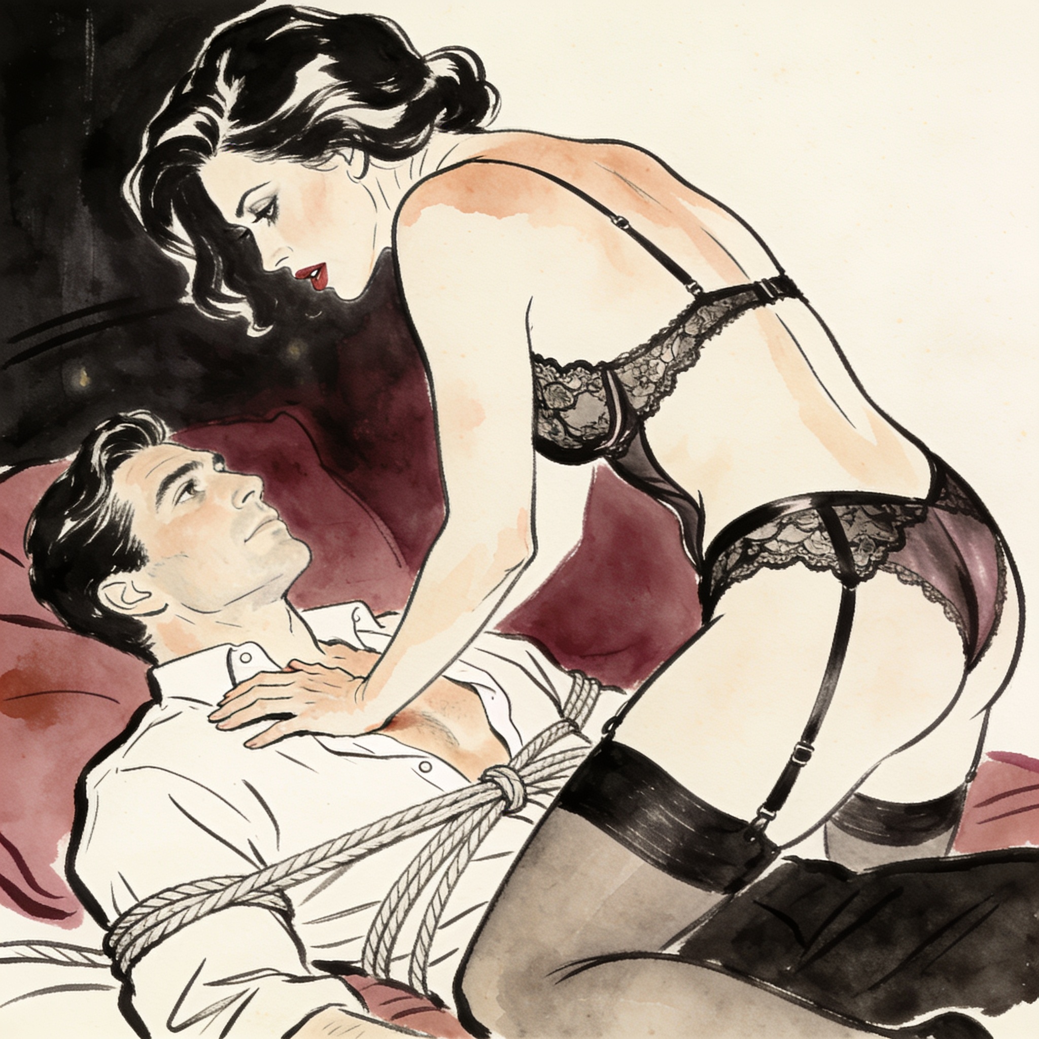 A dominant woman in lace lingerie looks down at a bound man in a dimly lit bedroom.