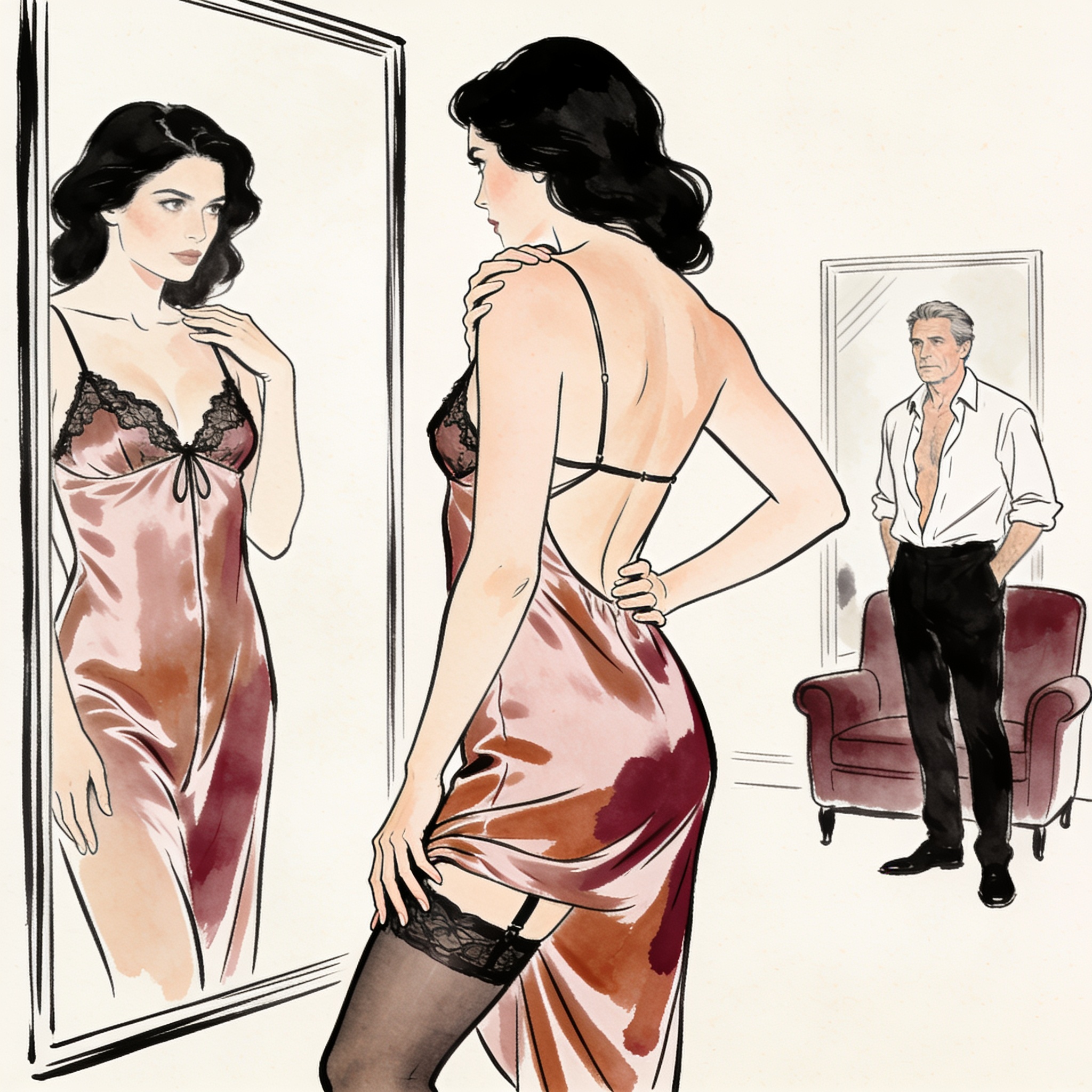 Woman in silk oneside looks at a man in mirror, her gesture intimate and gaze distant.