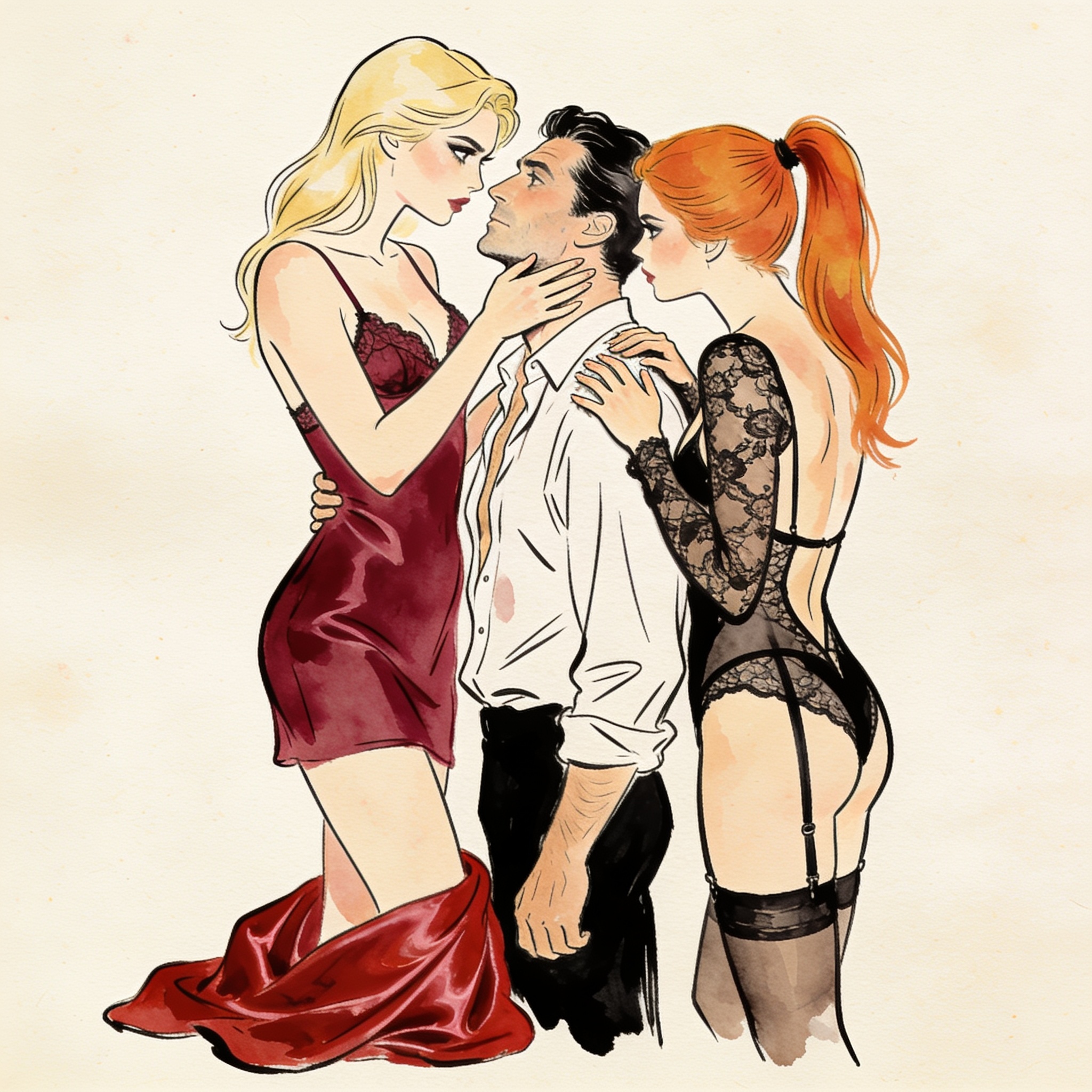A man in a red dress is cornered by two predatory women in a dark forest.