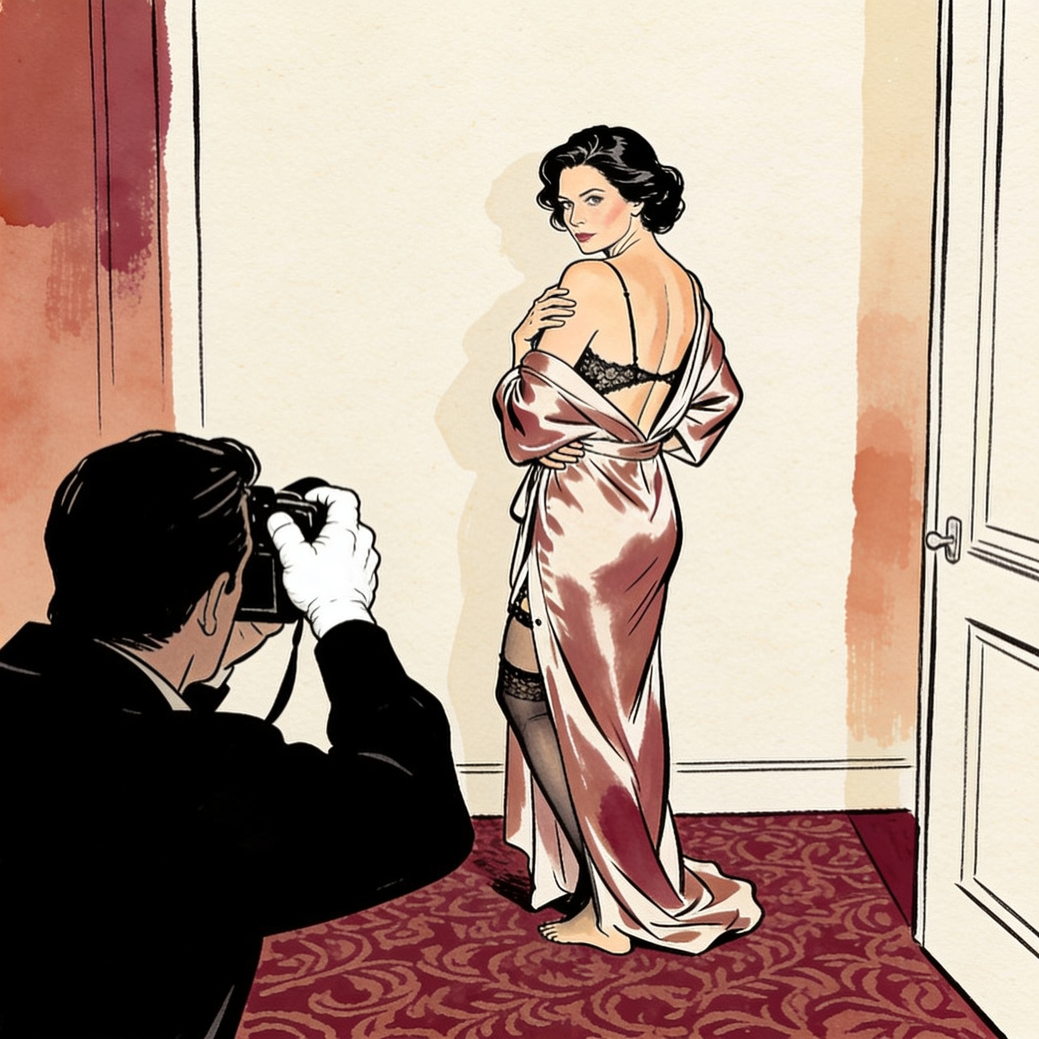 A woman's bare back and silk robe, facing a photographer with intense gaze in a dim room.