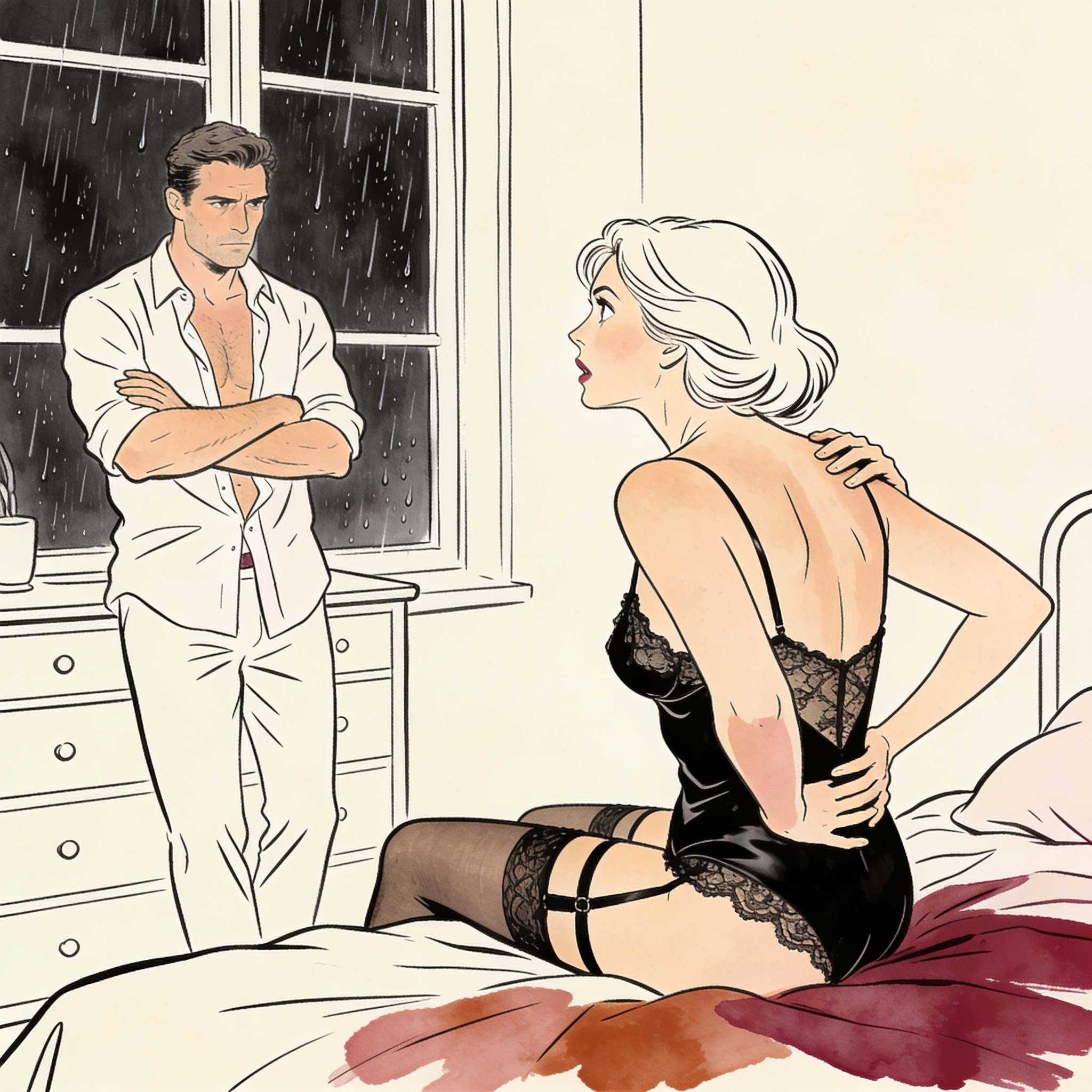 A woman in black lingerie stares across a bedroom at her shirtless husband, tension thi...