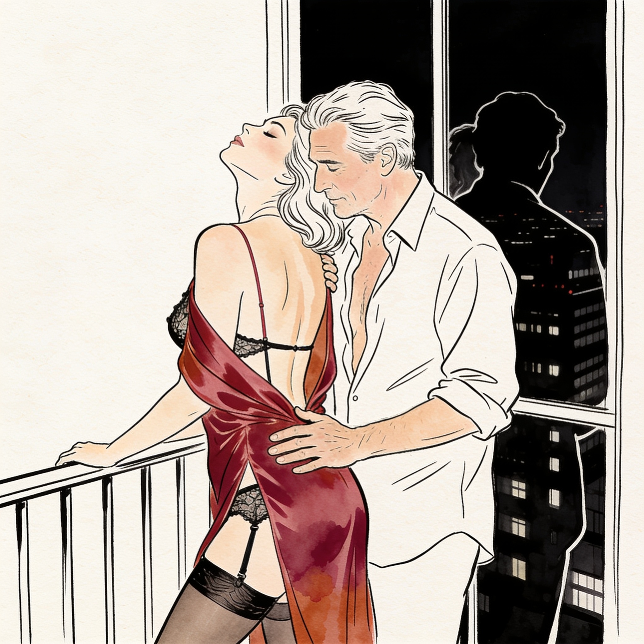 Couple on a balcony, her silk dress open, his hand on her back, city lights blurred beh...