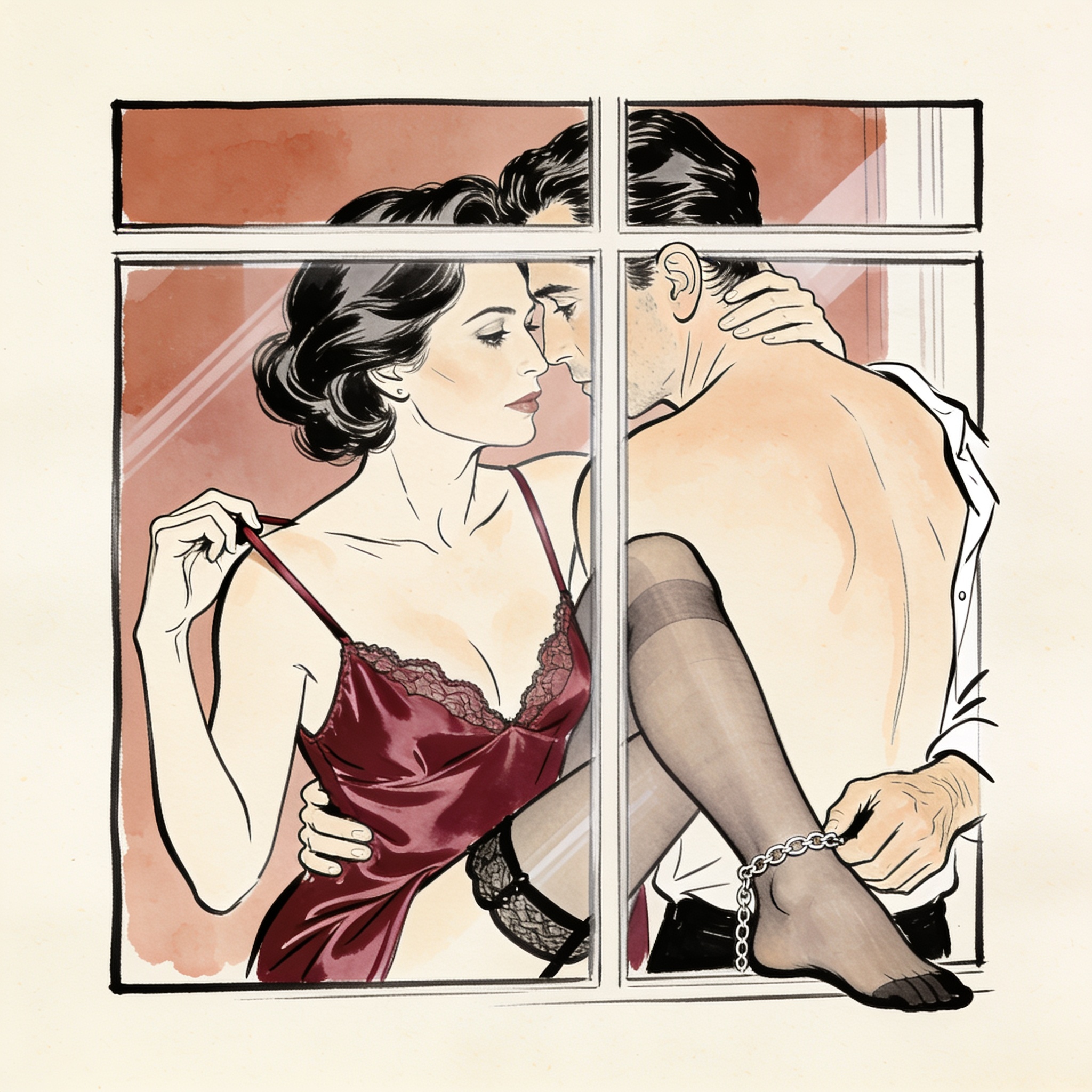 A woman in a red slip whispers to a man, her shoulder bare, his gaze fixed on her ankle.
