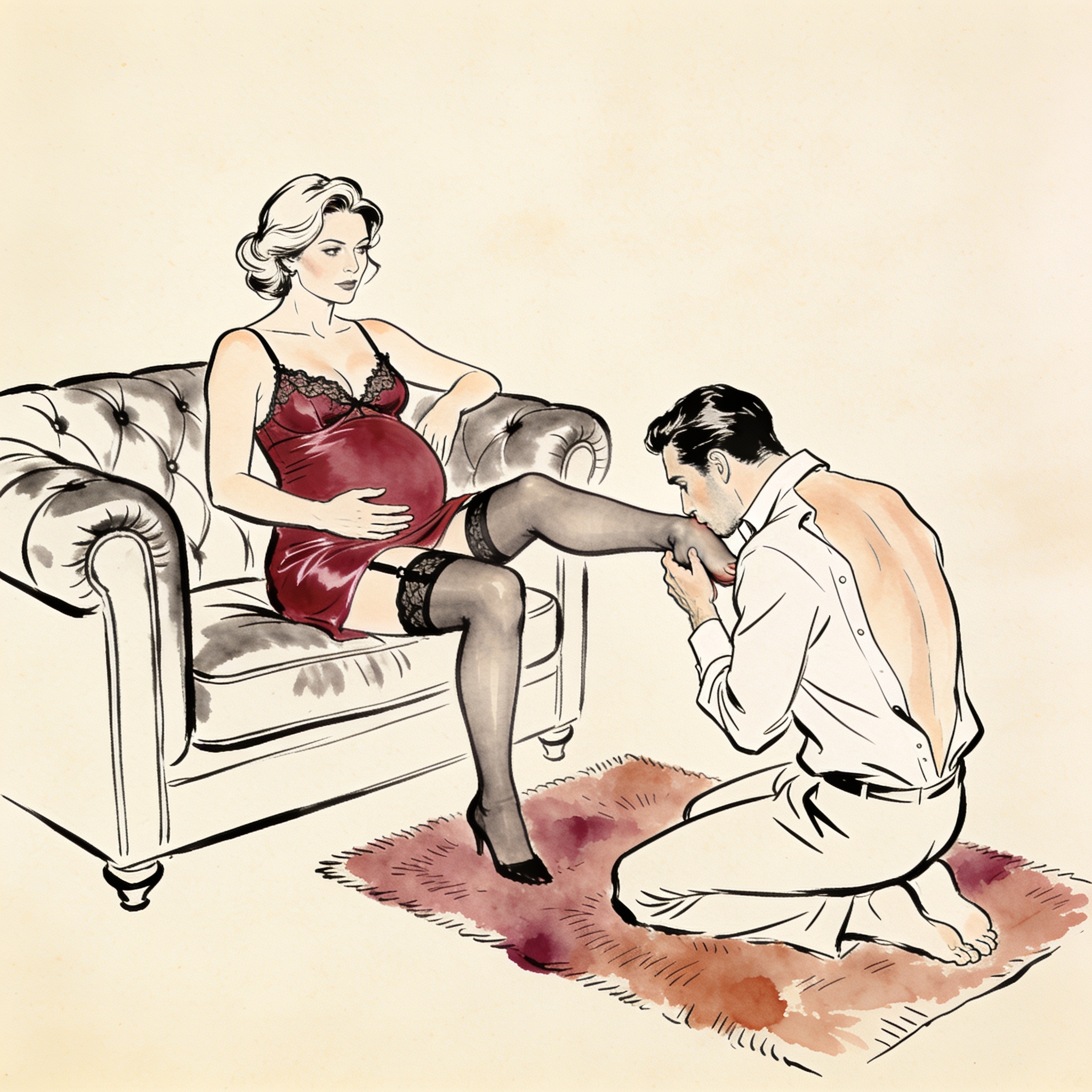 Pregnant woman on couch, man kneeling to kiss her foot, charged intimate moment.