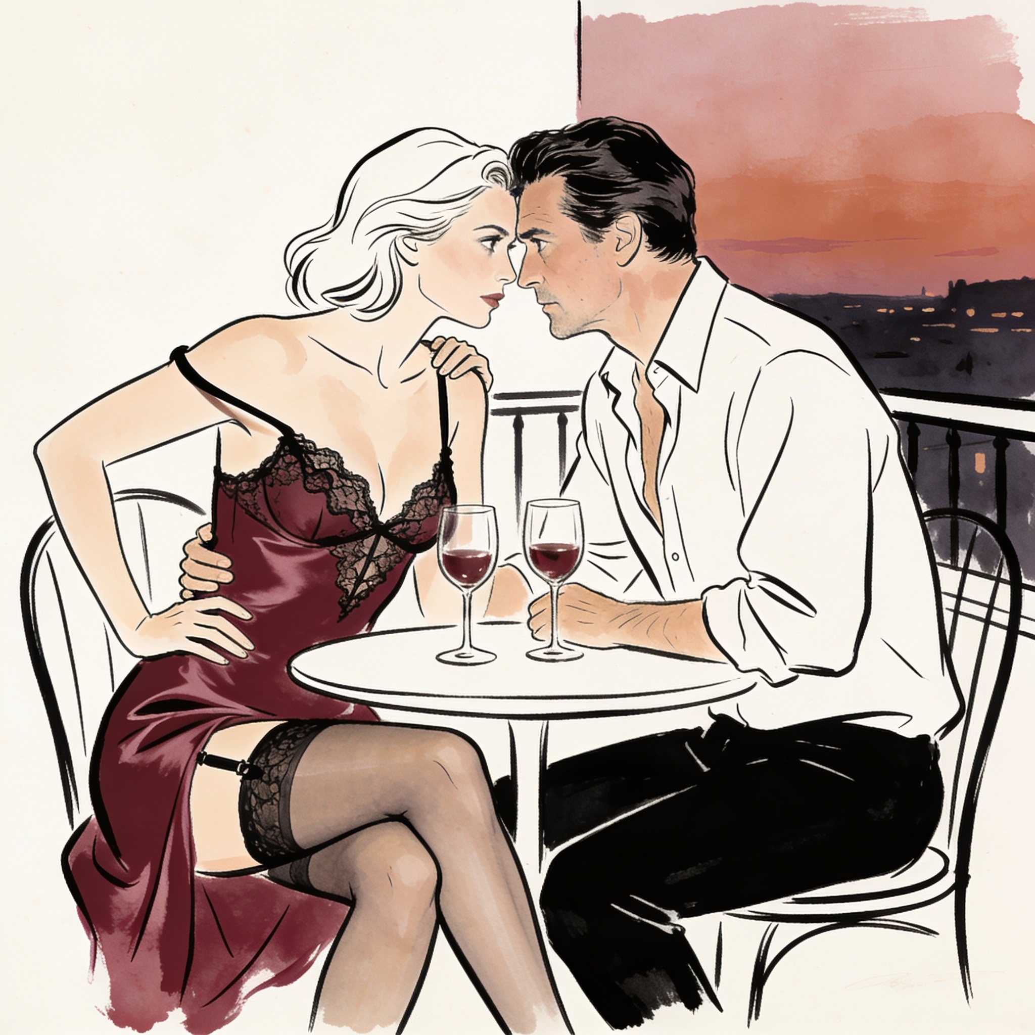 A young woman's longing gaze meets a man's across a candlelit terrace table.