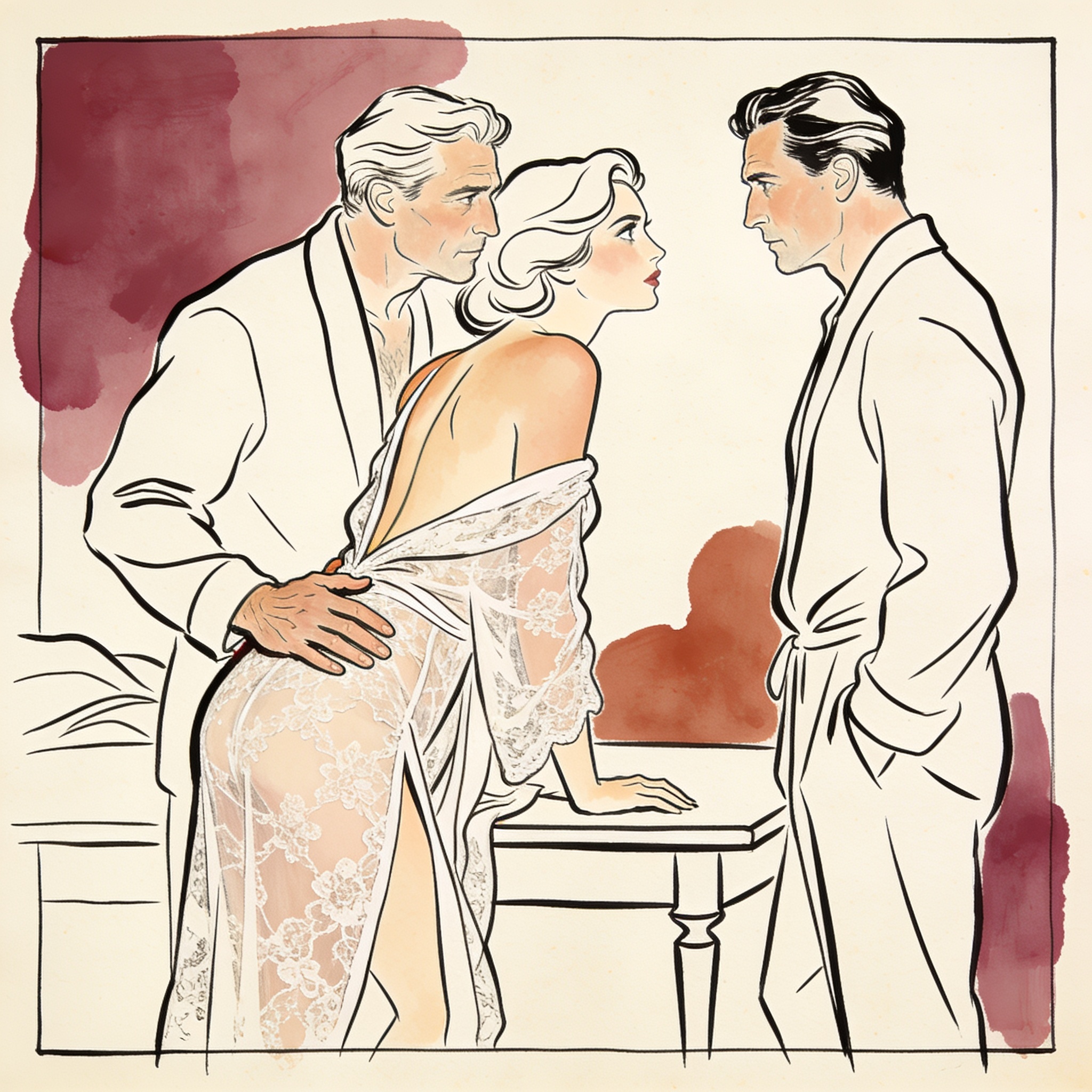 Woman in lace leans over a table while two men watch her intently in a modern room.