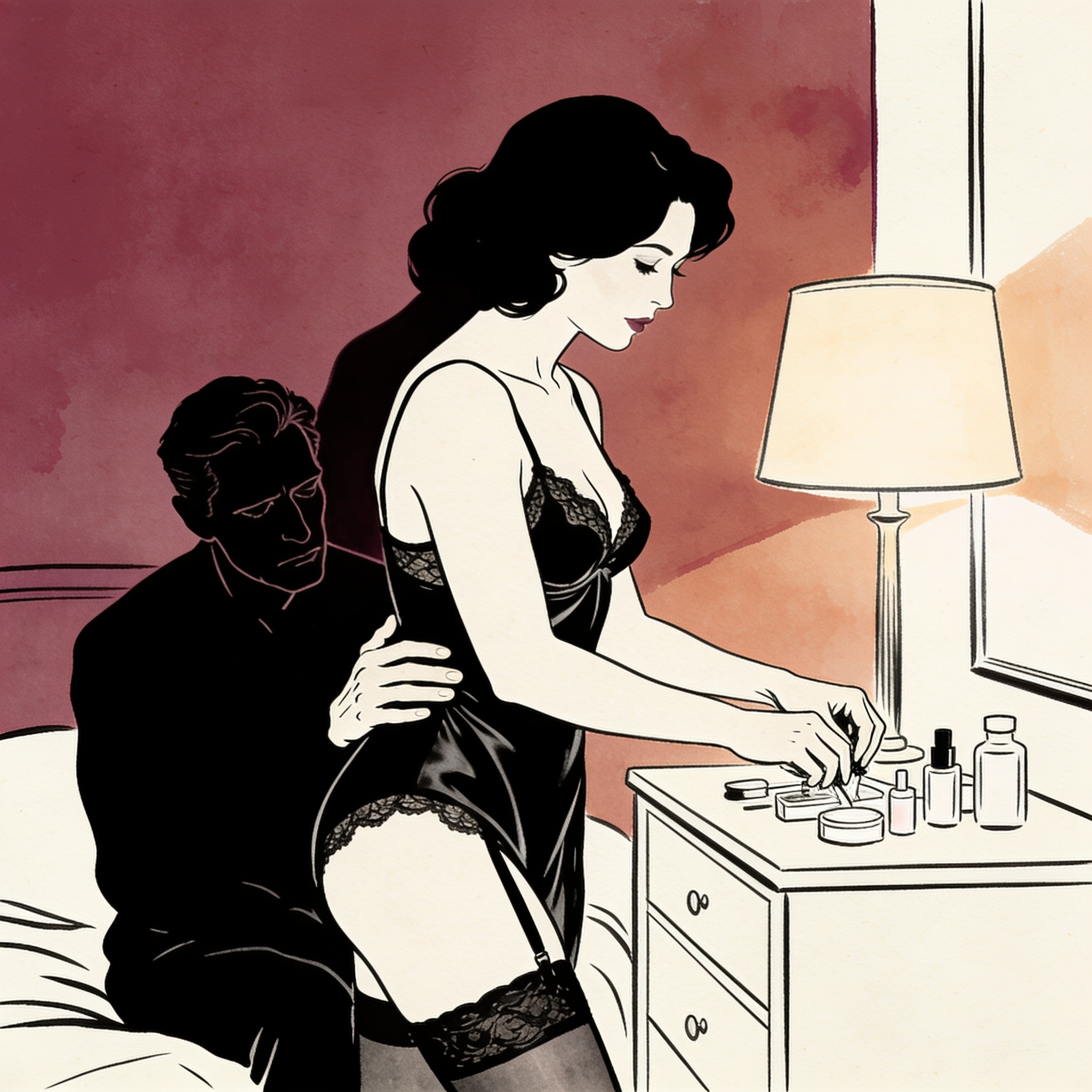 Woman in black lace arranges items on a dresser as a man watches, tension palpable.