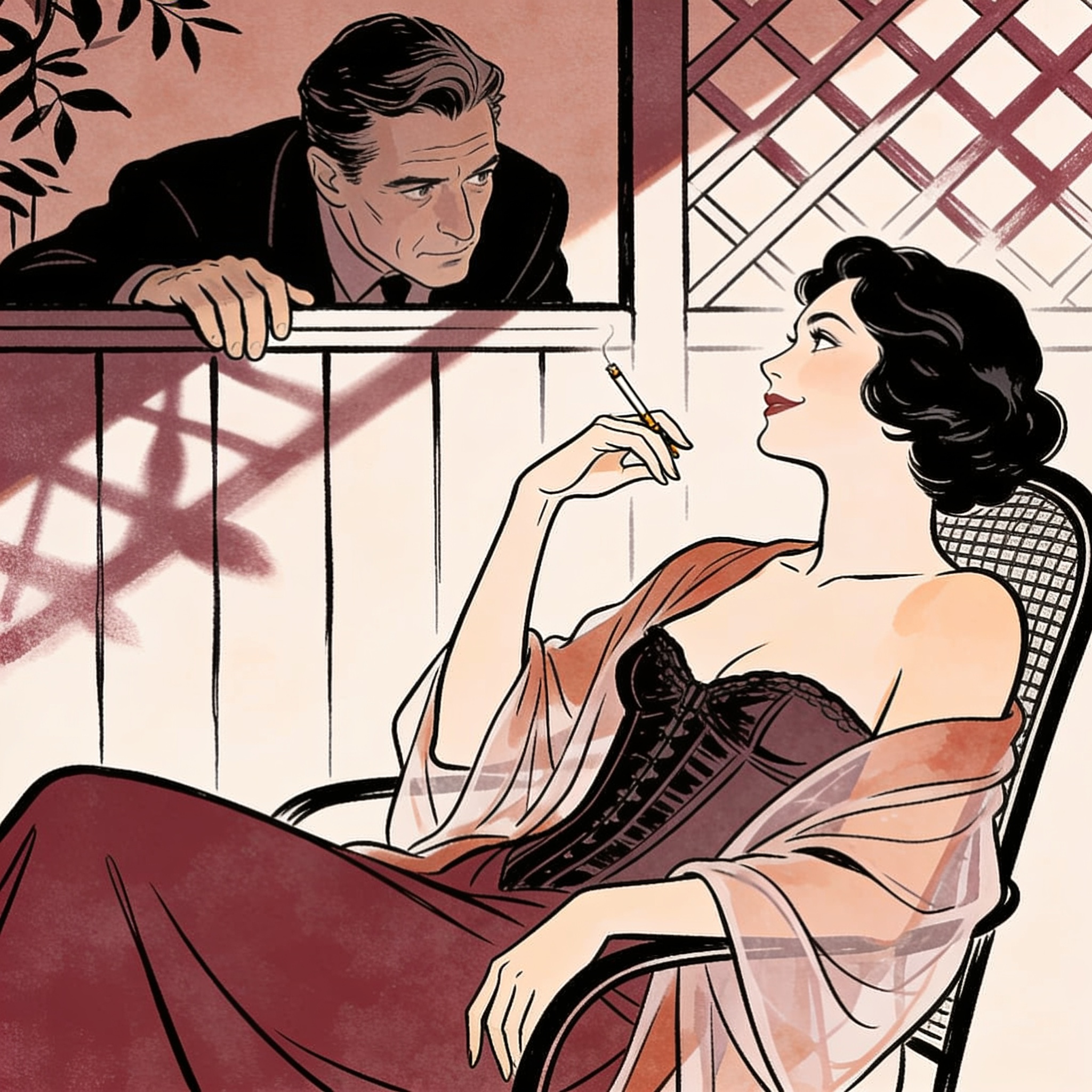 A person in lingerie and a robe lounges on a patio, sharing a charged look with a neigh...