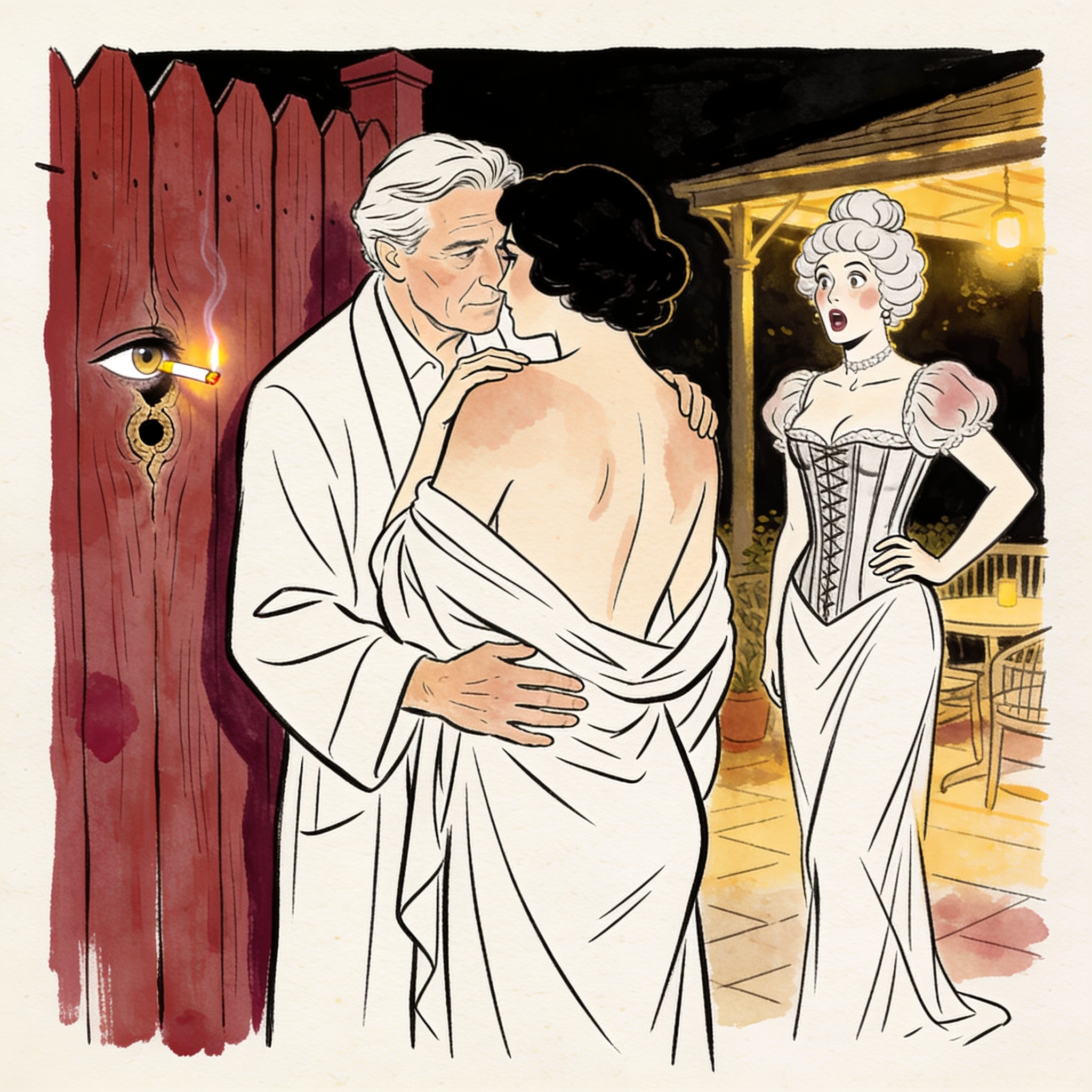 Someone in lingerie is watched through a fence by a neighbor's eye, a moment of tense, ...