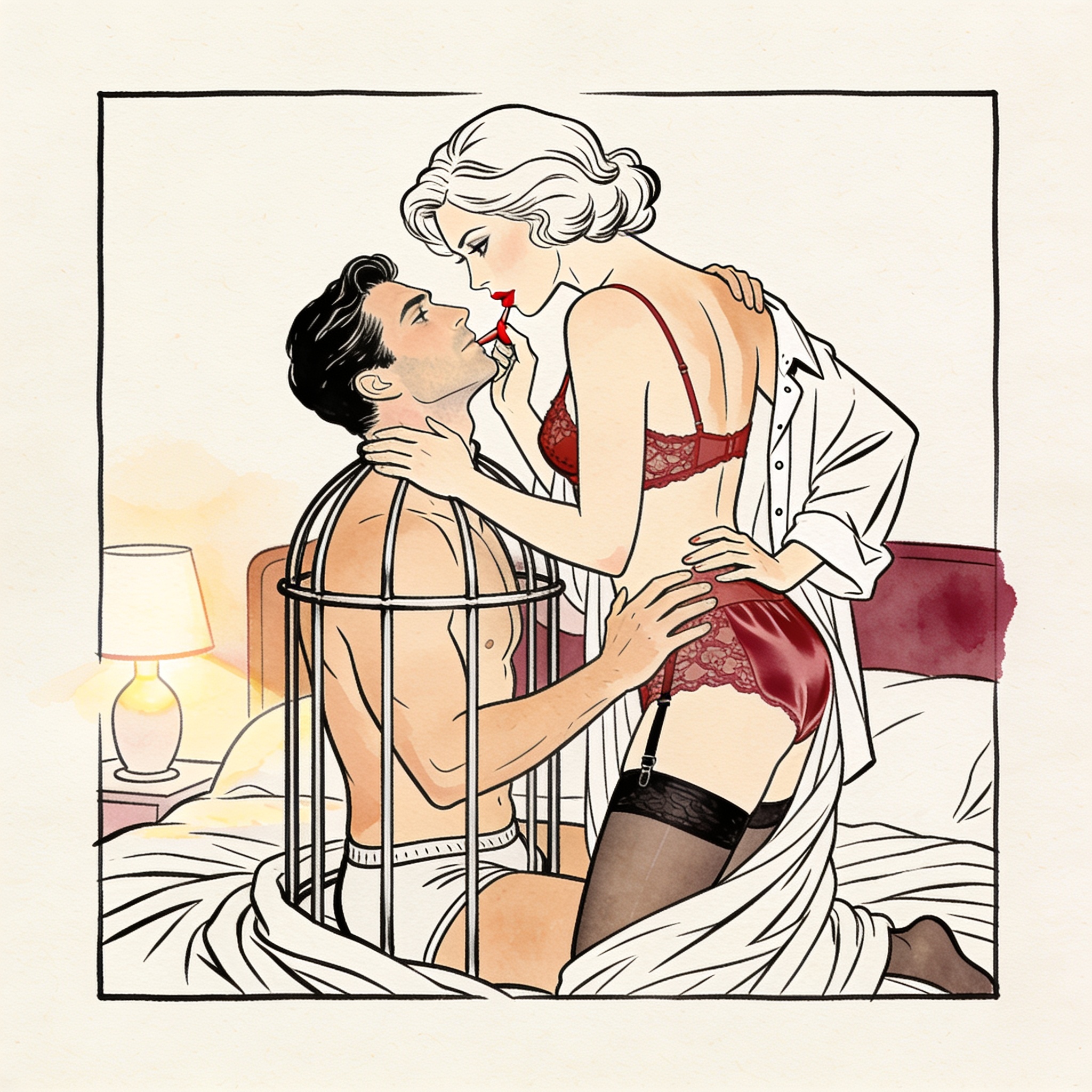A dominant woman tilts a man's chin up as he sits submissively in their dim bedroom.