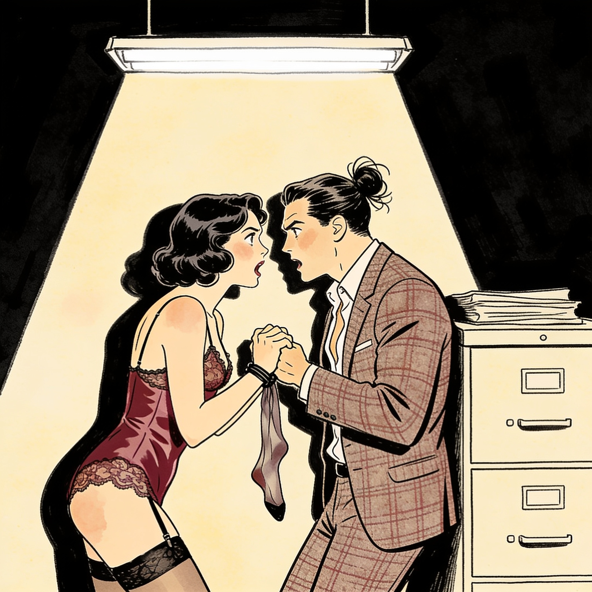 A young woman pins her older boss against a filing cabinet, faces close, desire and ten...