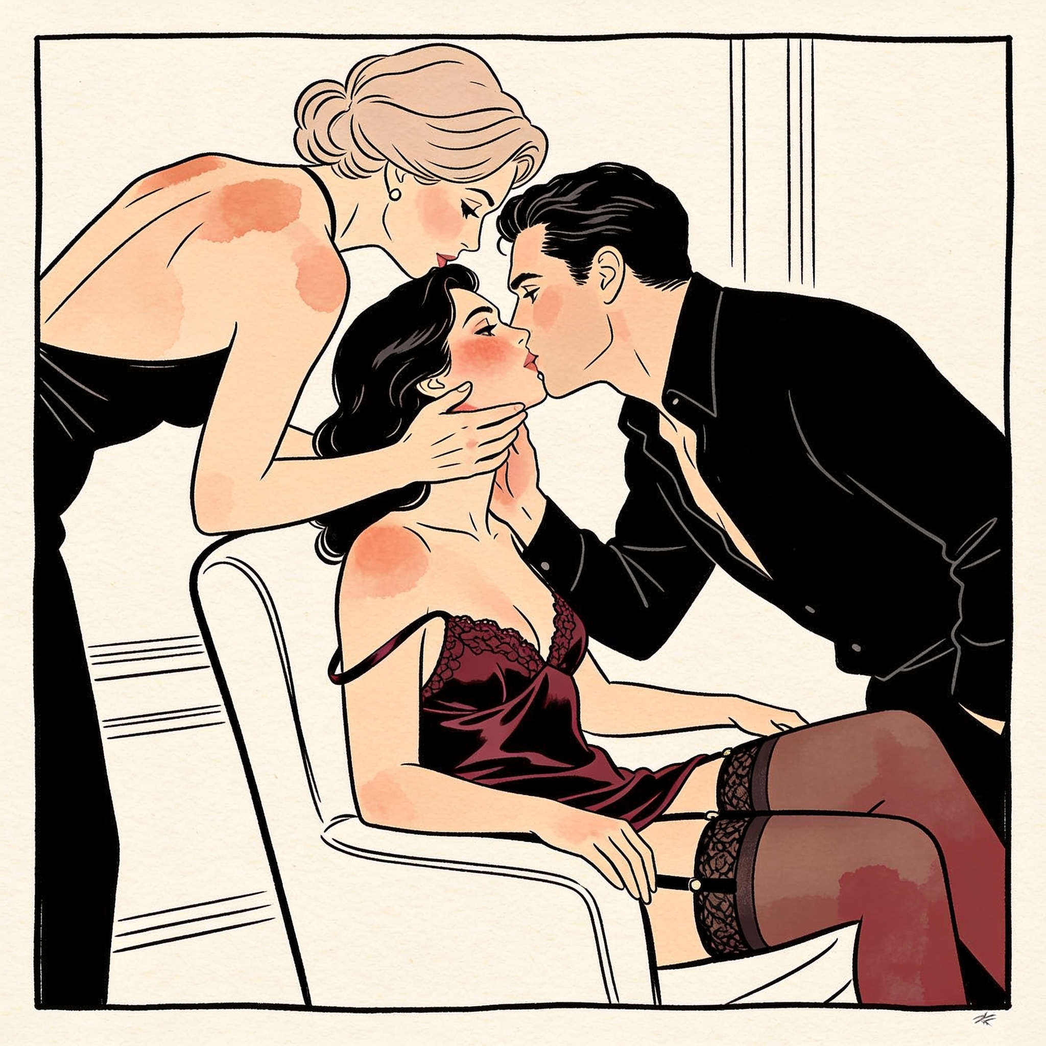 Two women kiss intimately in a hotel room as a man watches from a chair.