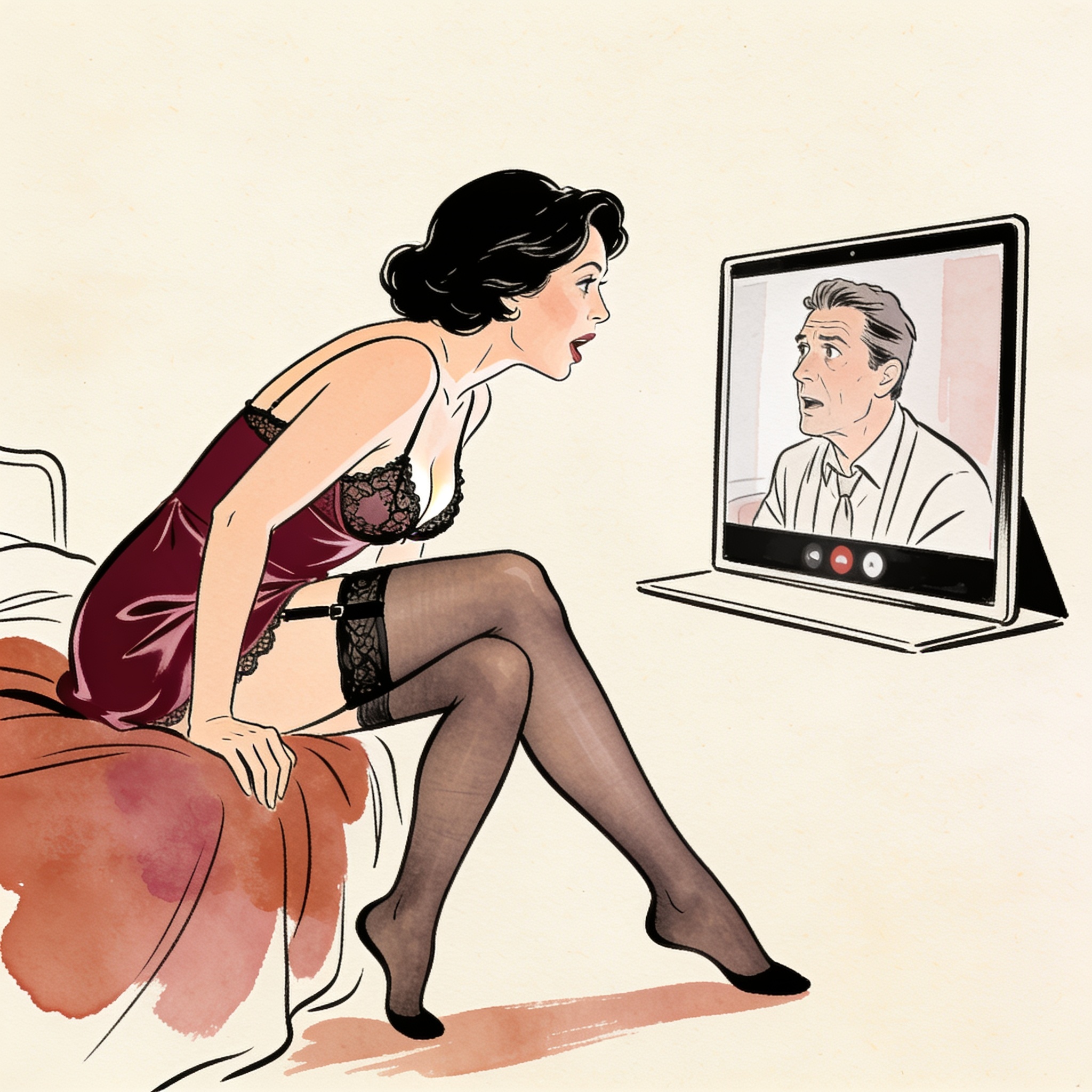 A woman in a lace bralette leans toward her laptop, gazing intently during a video call.