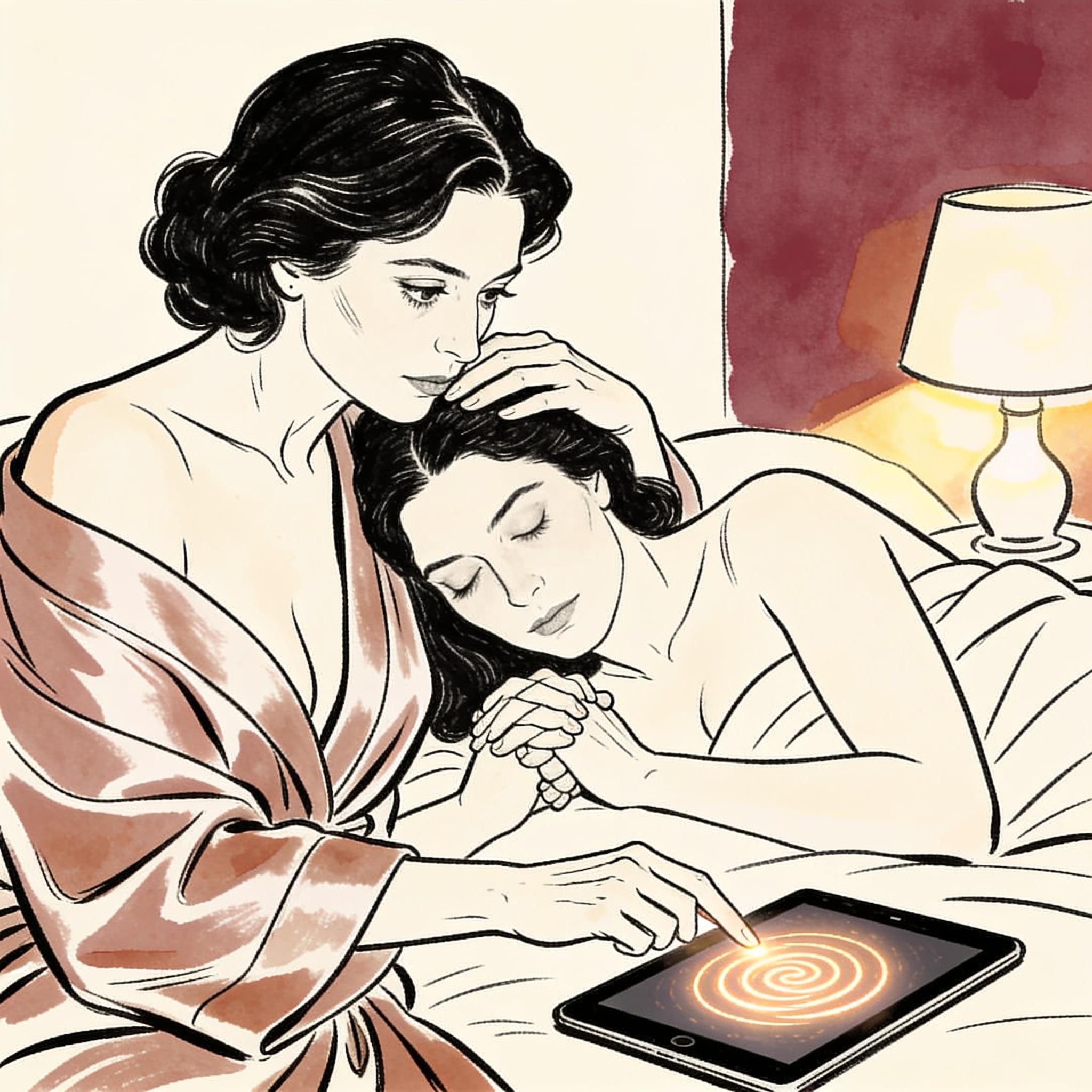 Two women in intimate silhouette, foreheads touching, with a hypnotic spiral glowing ne...