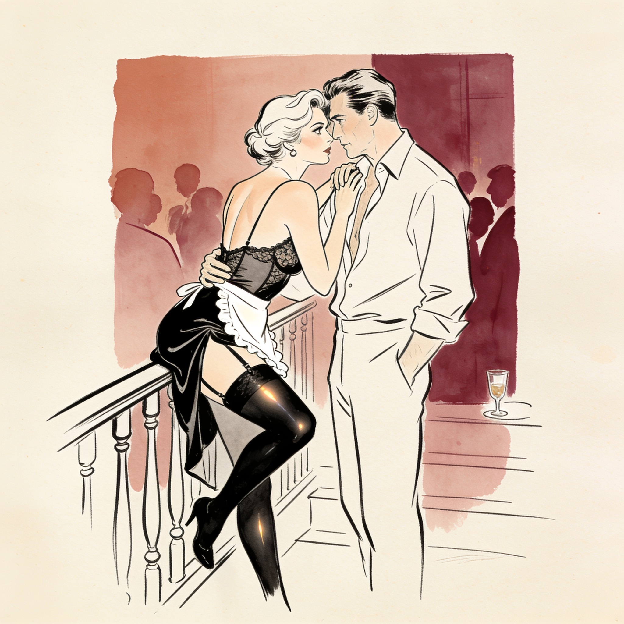 A woman in lingerie reveals her nylon stocking to a man at a party.