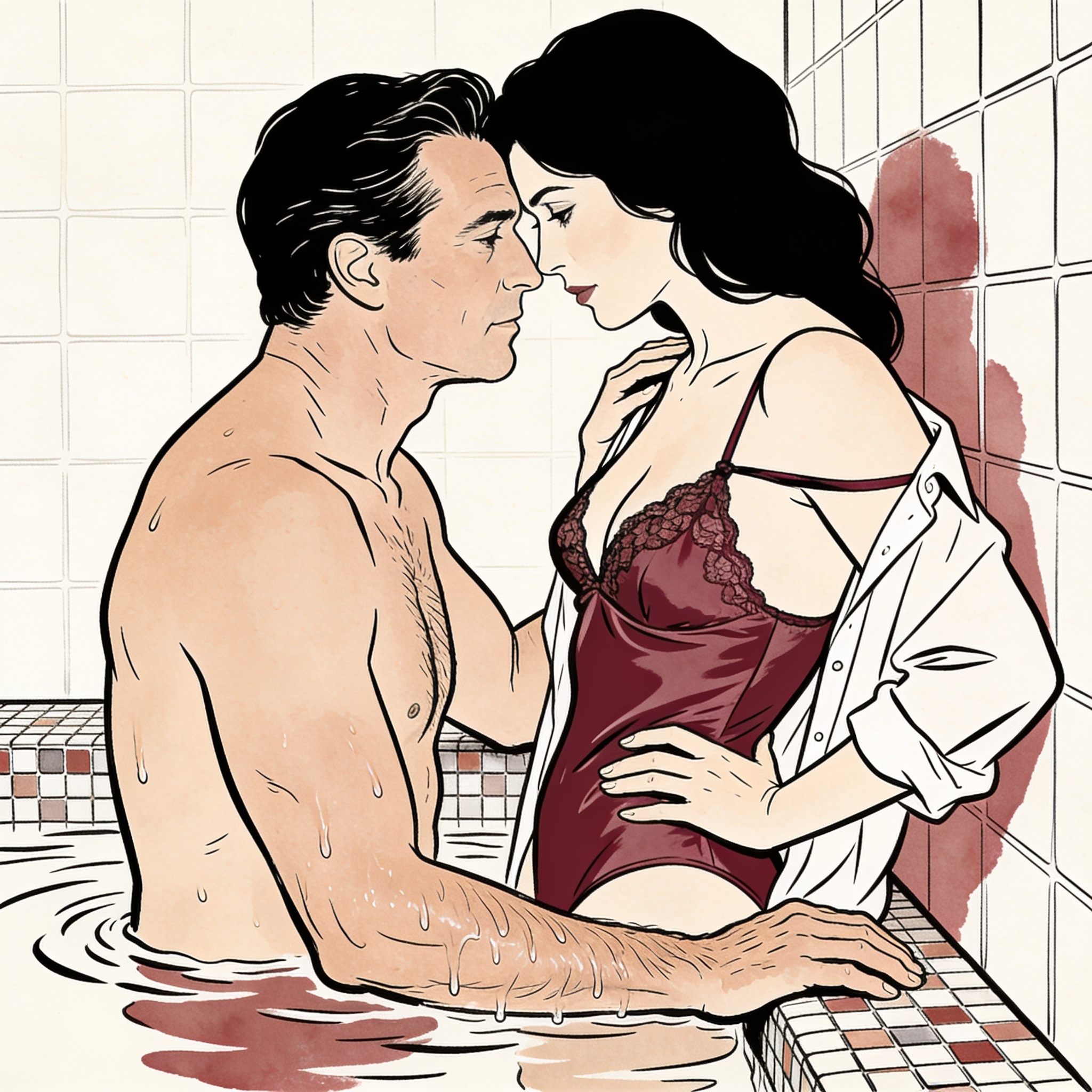 A man and a woman share an intense look by a pool, bodies close, a moment of silent ten...