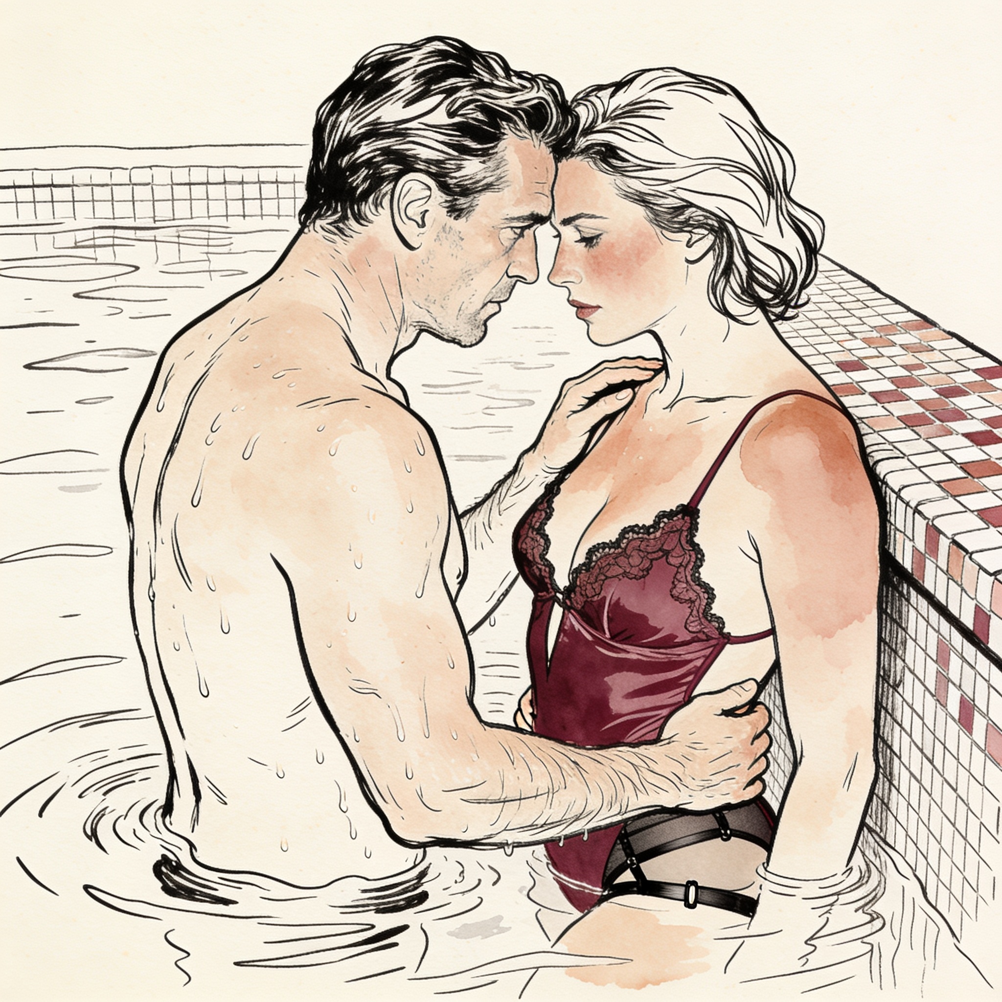 A man emerges from a pool, his arms framing a woman against the tiled edge, their gaze ...