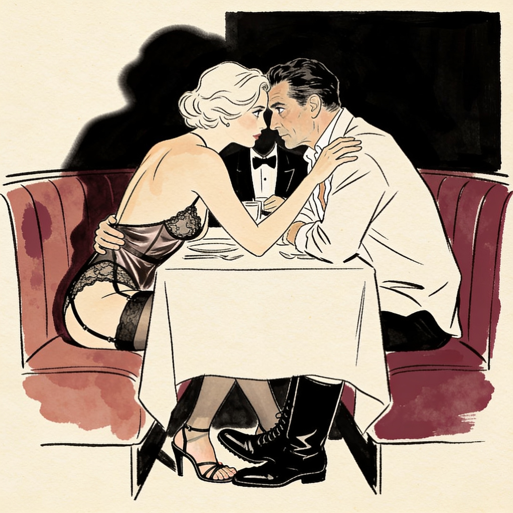 A couple's feet touch under a table as they gaze intently across a restaurant.