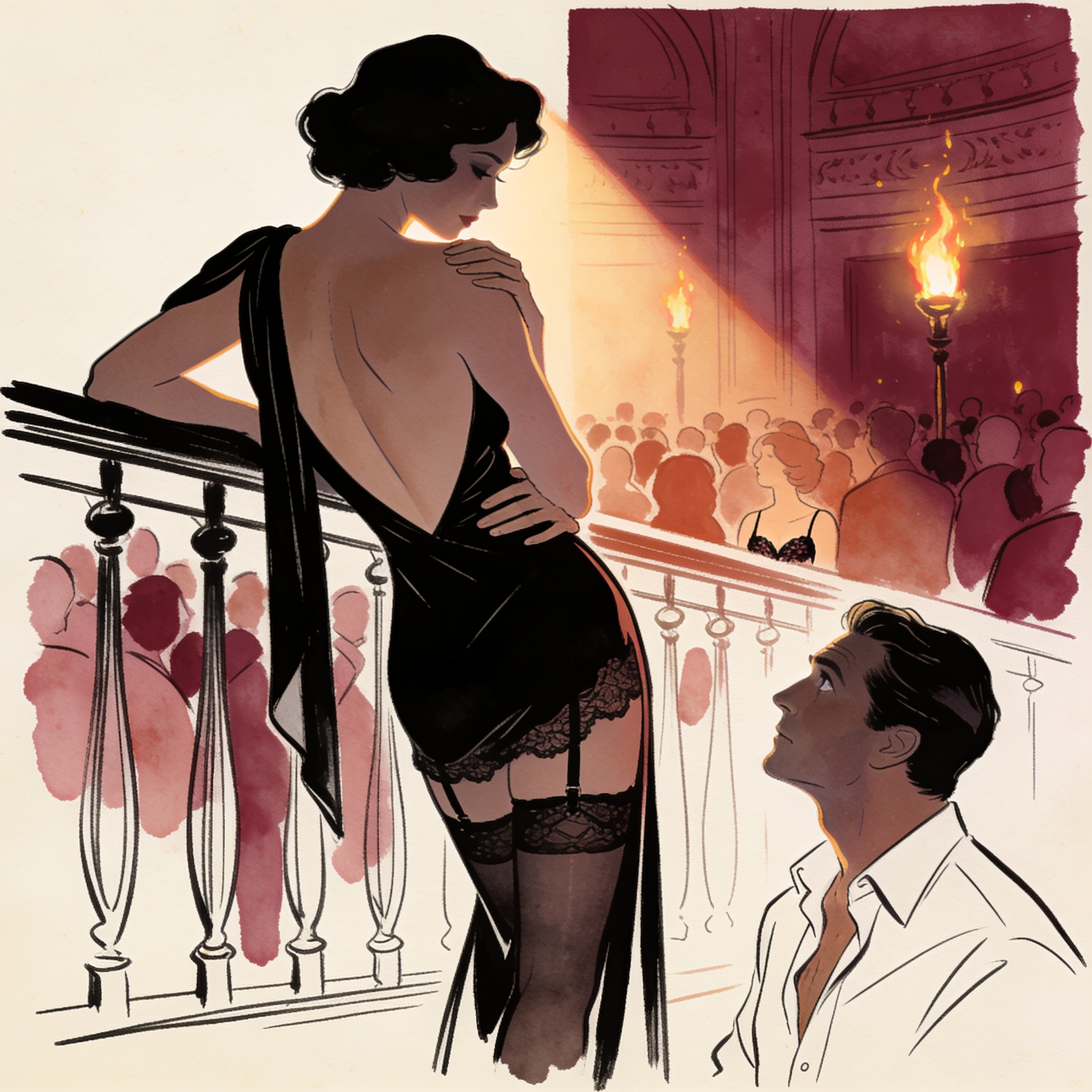 A woman in a shimmering gown on a balcony, a king's tense gaze upon her.