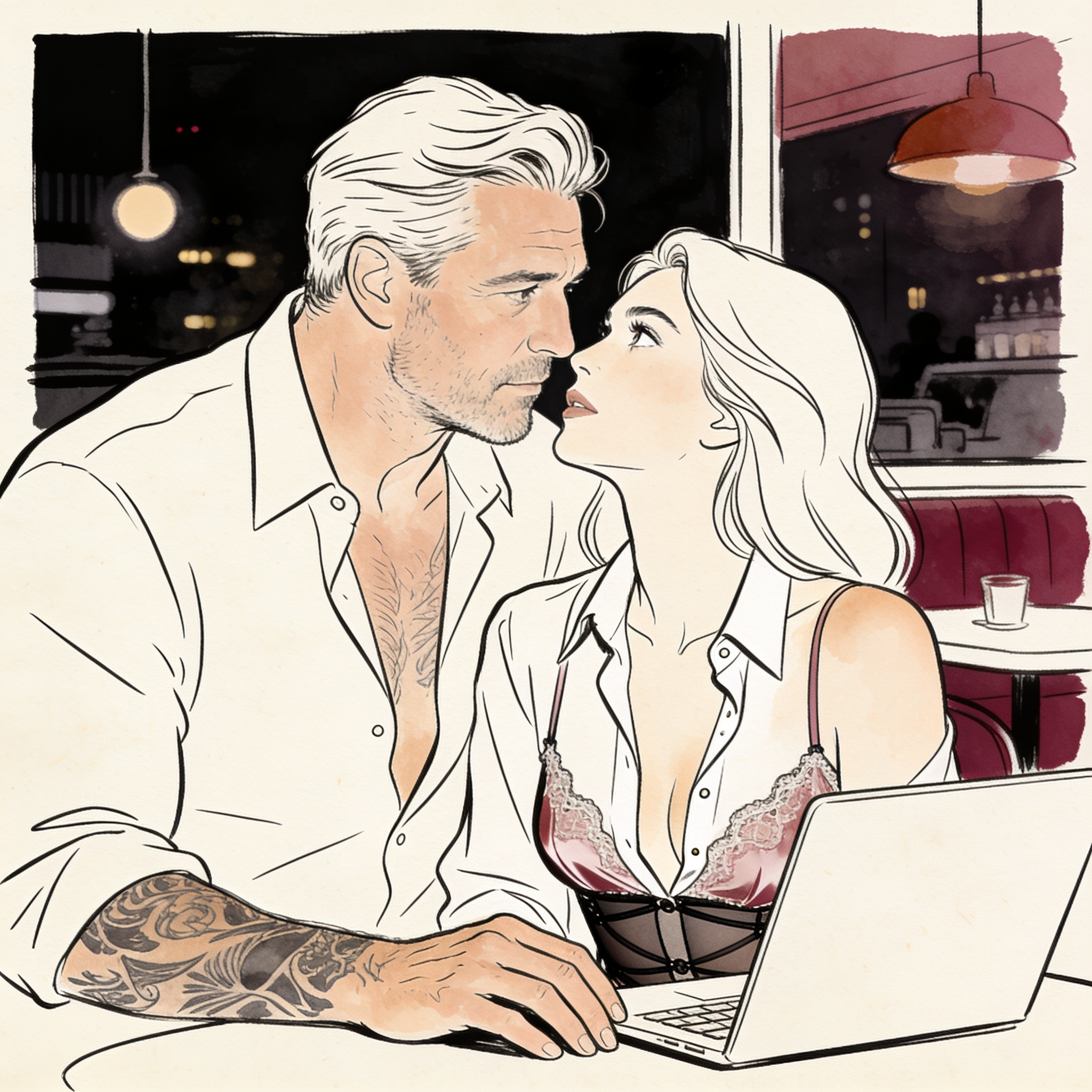 A man and woman share an intense, close moment in a coffee shop, tension palpable.