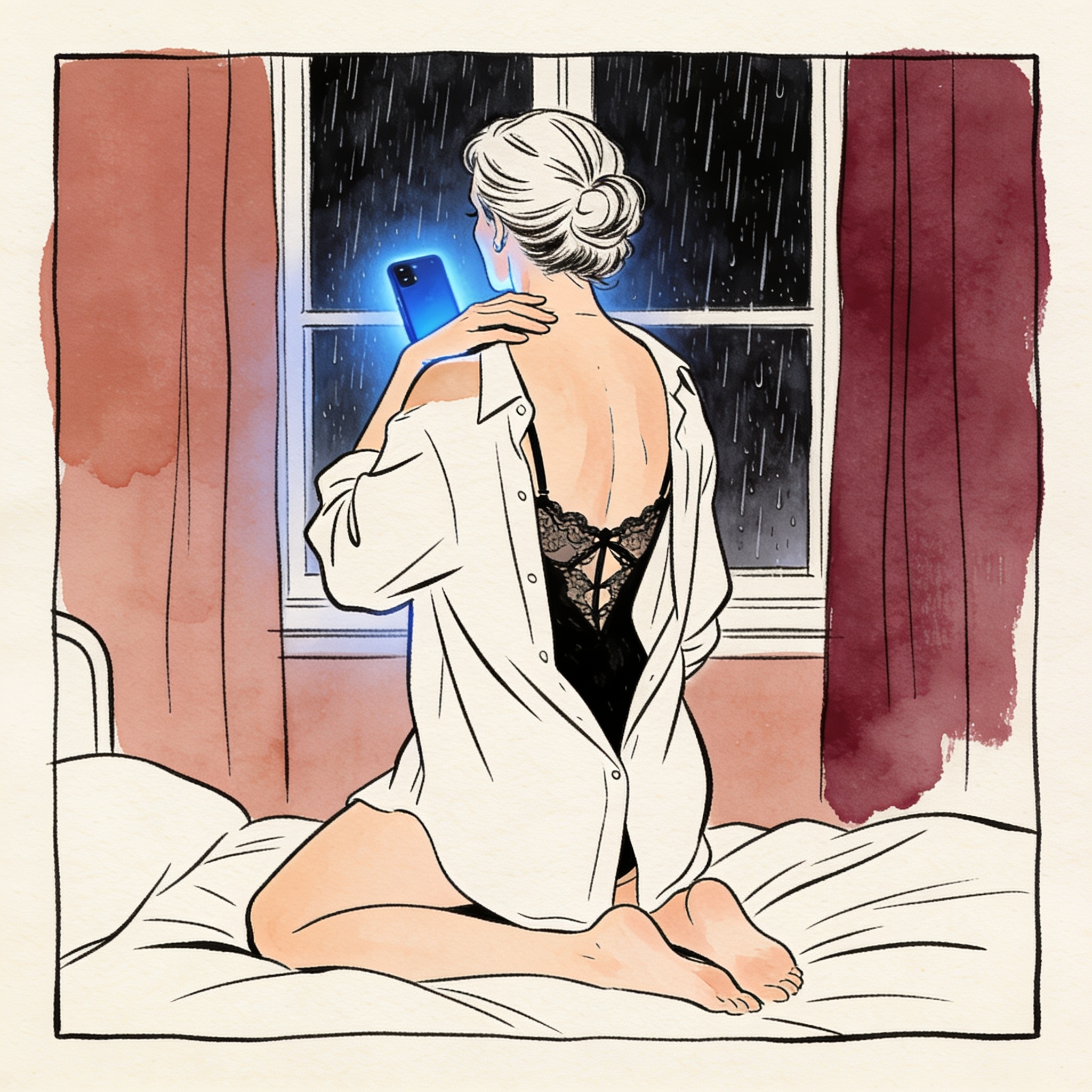 Woman in oversized shirt faces stormy window, lit by phone, hand on chest.