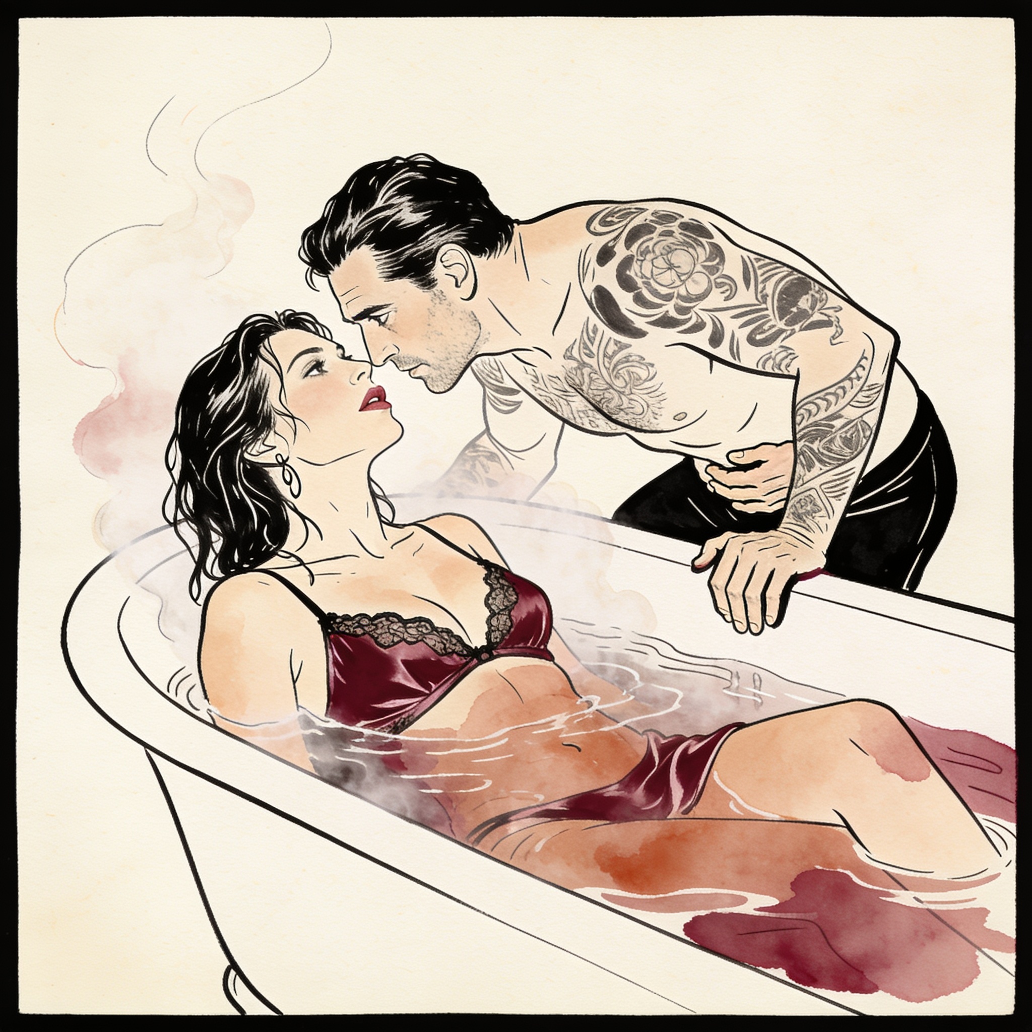 A man watches a woman in a steamy bathtub, tension and desire in their locked gaze.