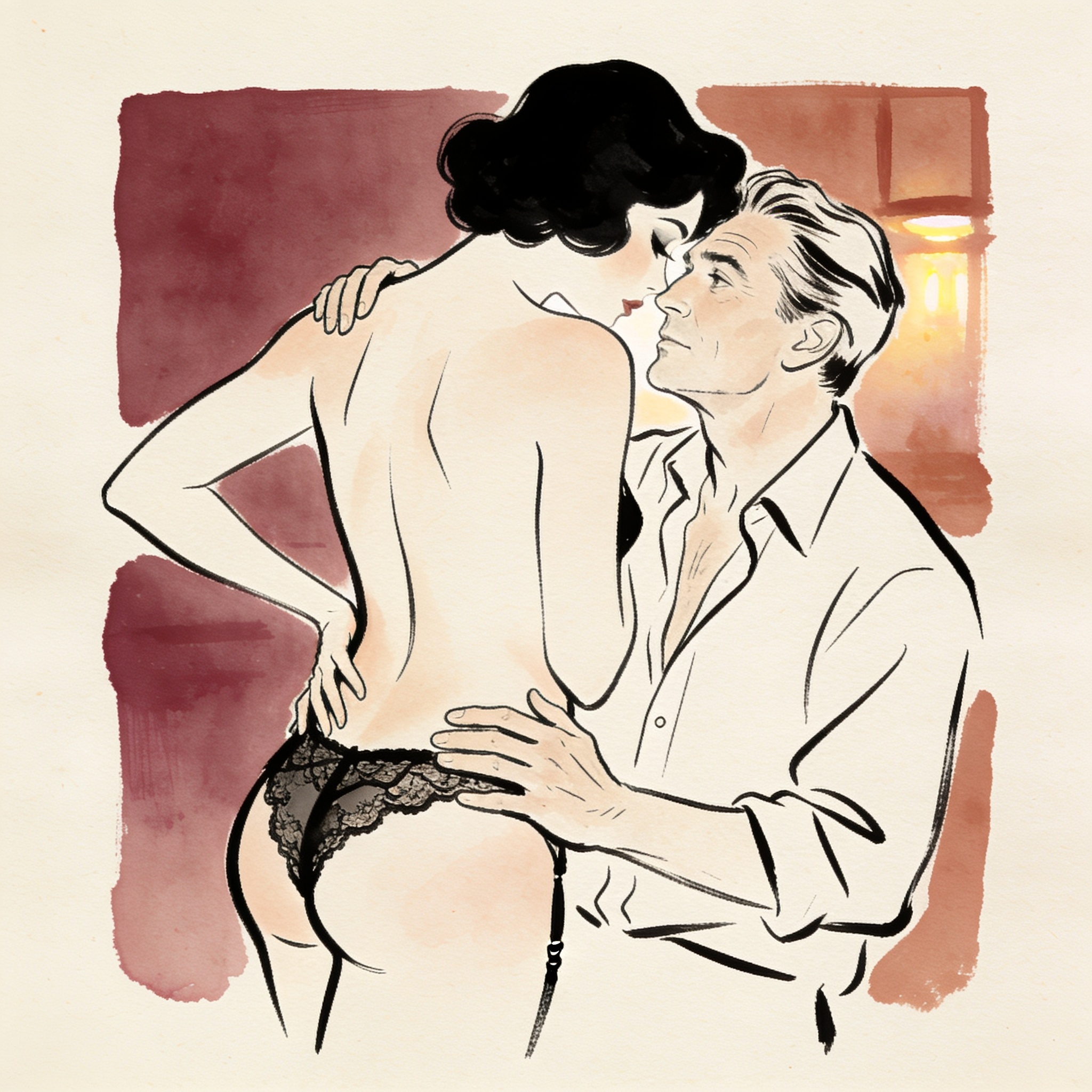 A woman's silhouette is watched from a dark room as she touches her hip, her back bare.