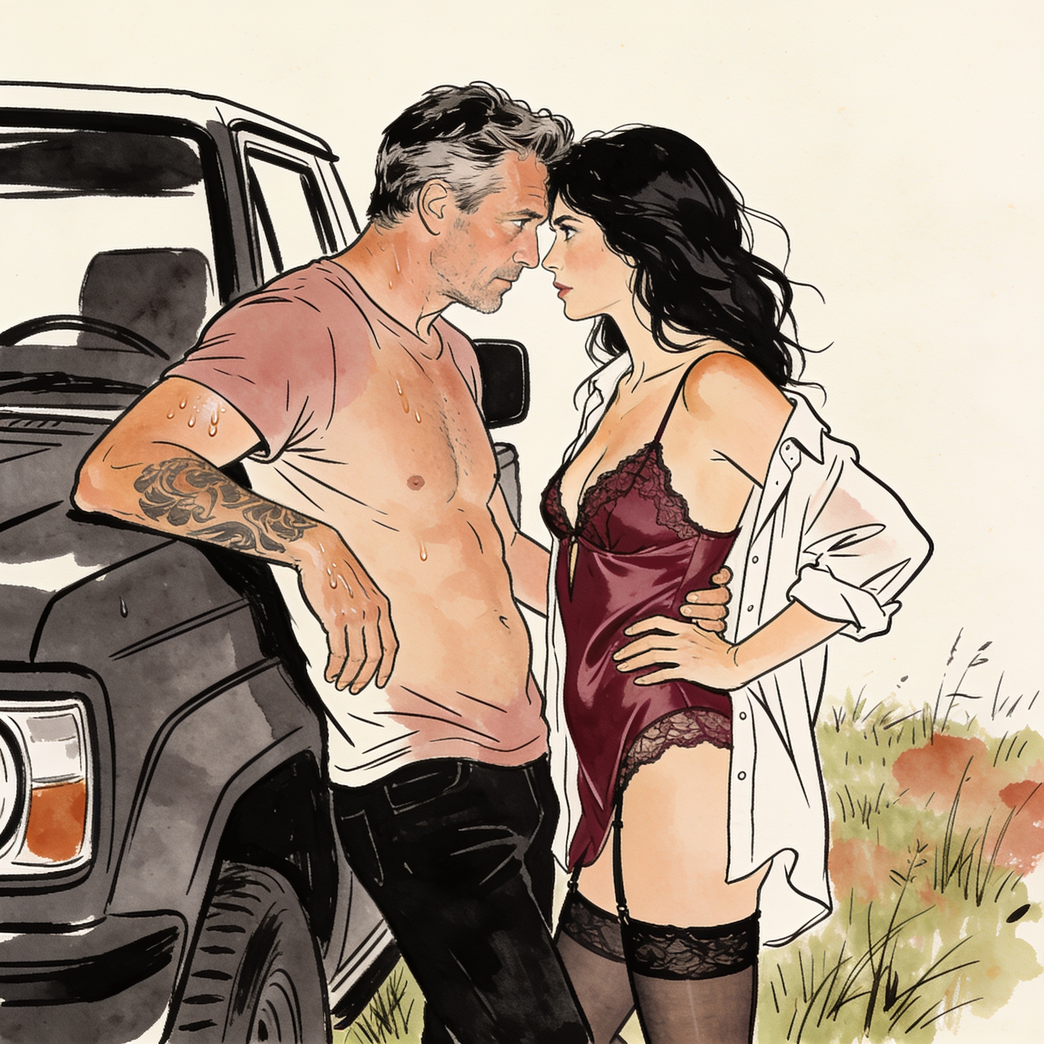 A man and woman share an intense gaze across a lawn, charged with unspoken desire.
