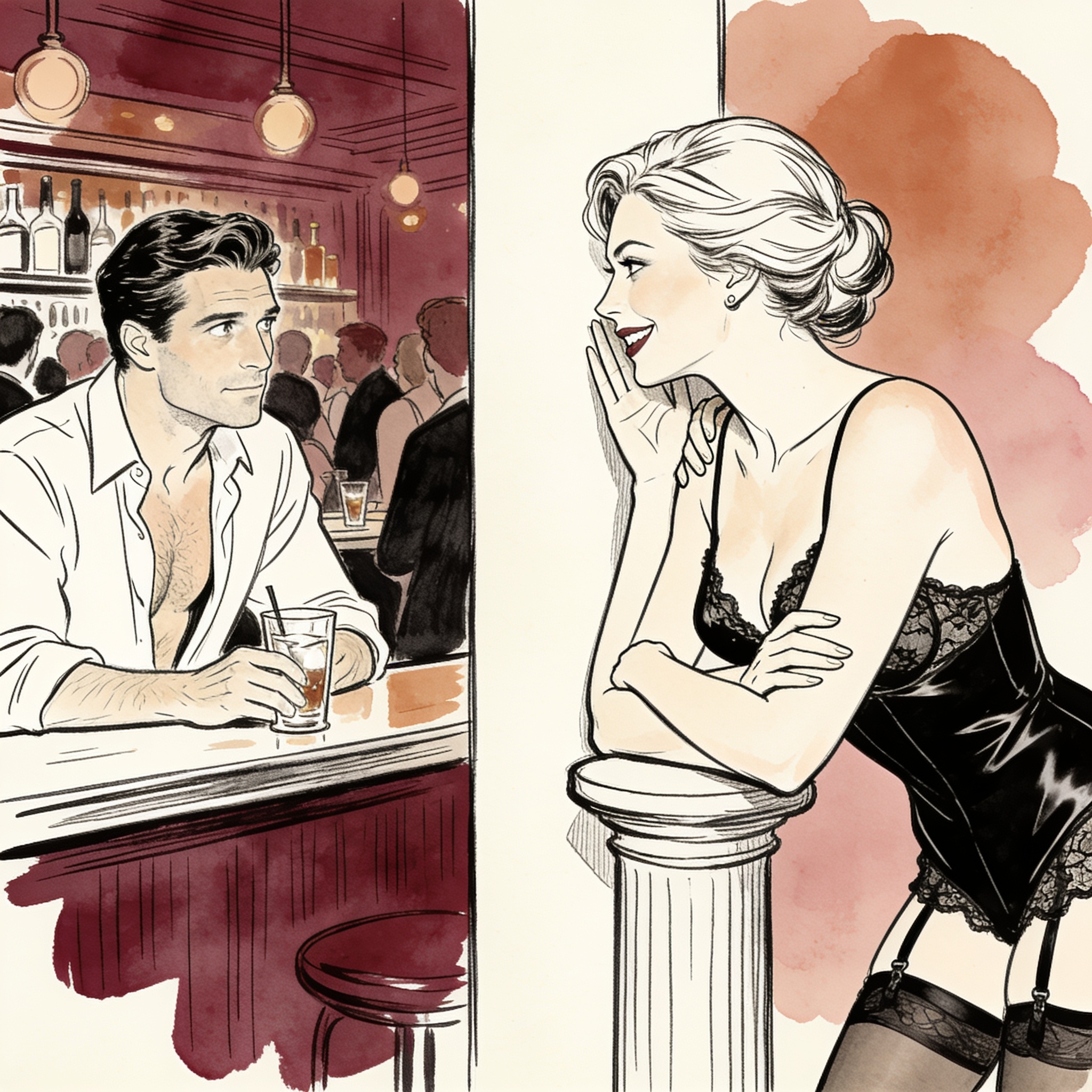A woman in lace whispers to her partner while making intense eye contact with a strange...