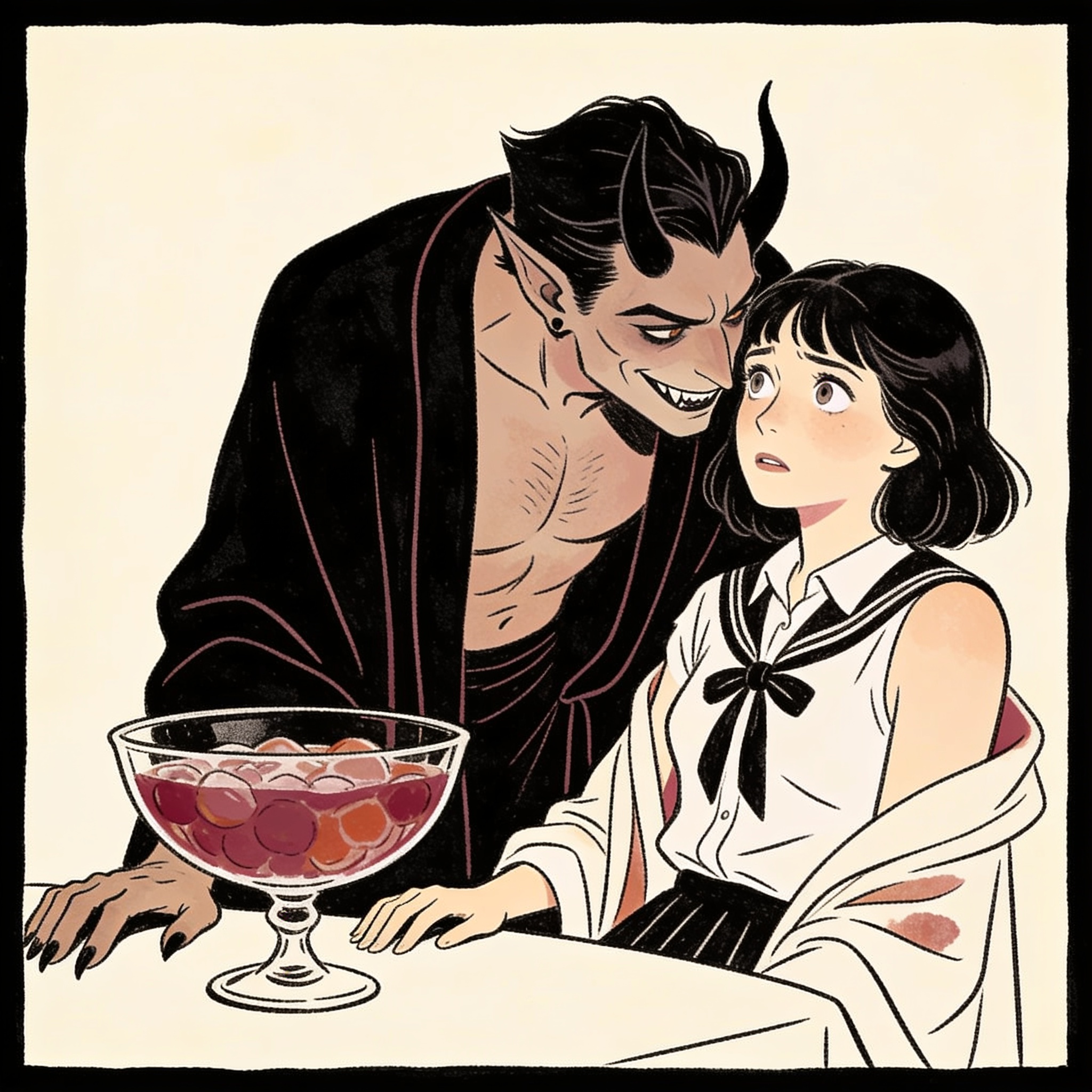 A devil smiles predatorily at a nervous schoolgirl by a punch bowl at a party.