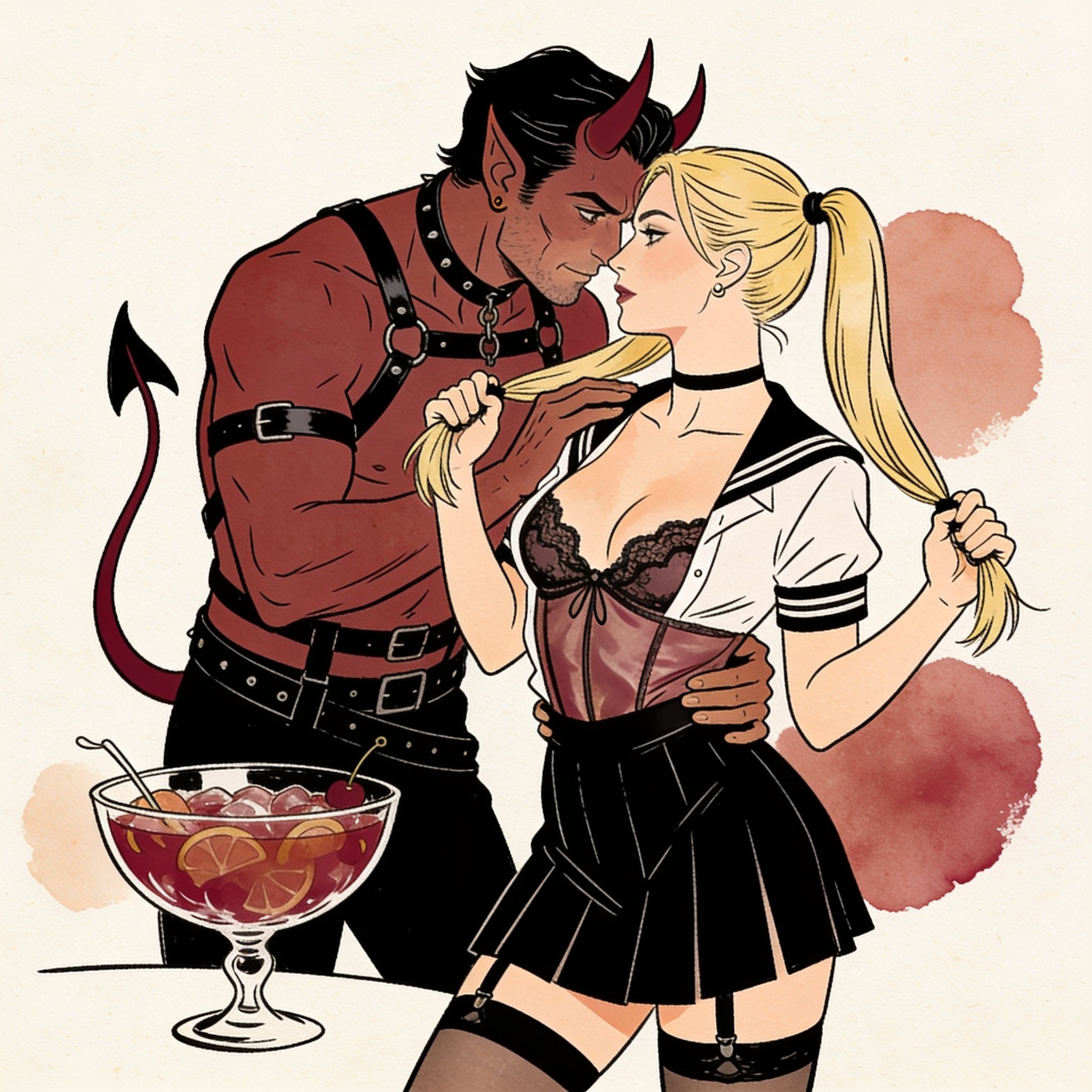 A man leans close to a nervous woman at a party, tension heavy in the air.
