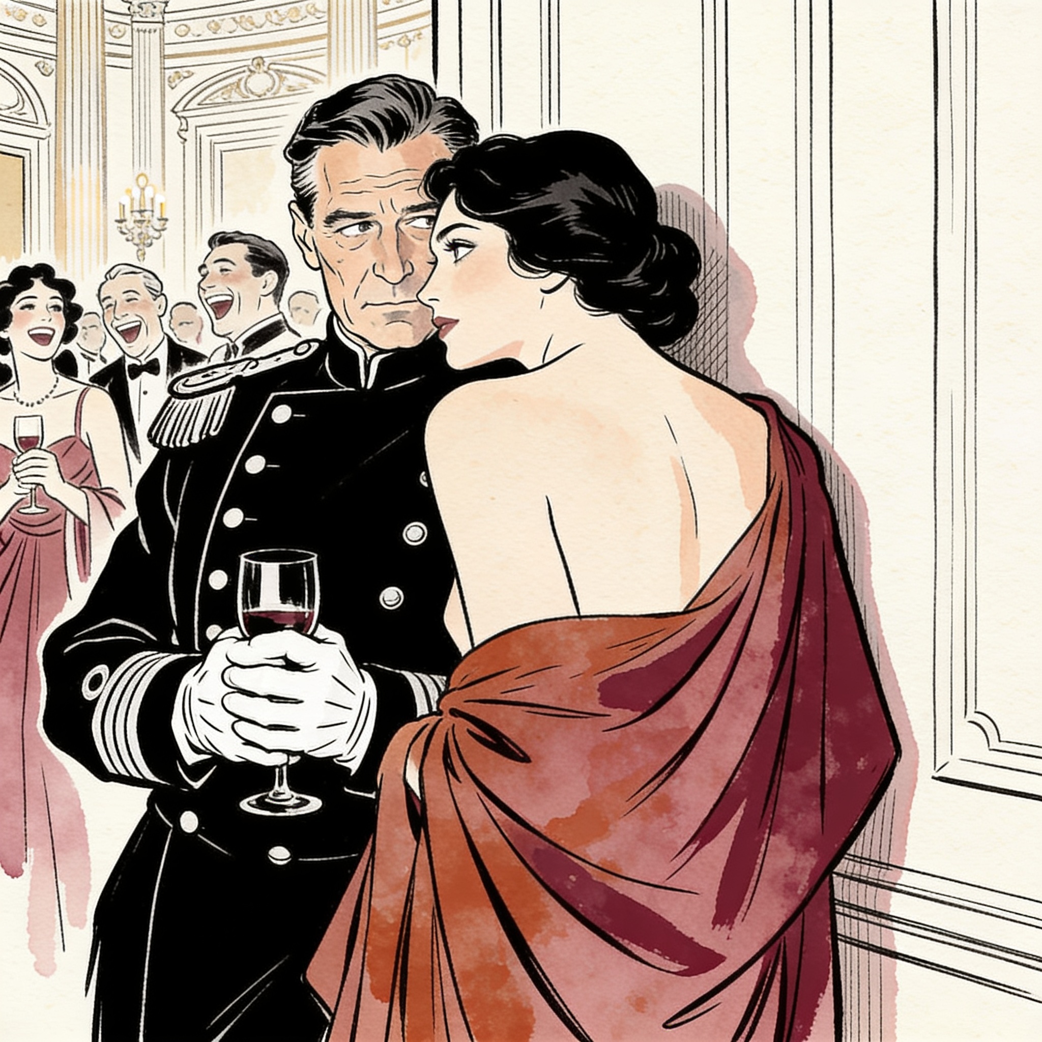 A soldier gazes longingly at his celebrating comrades in a grand, festive ballroom.