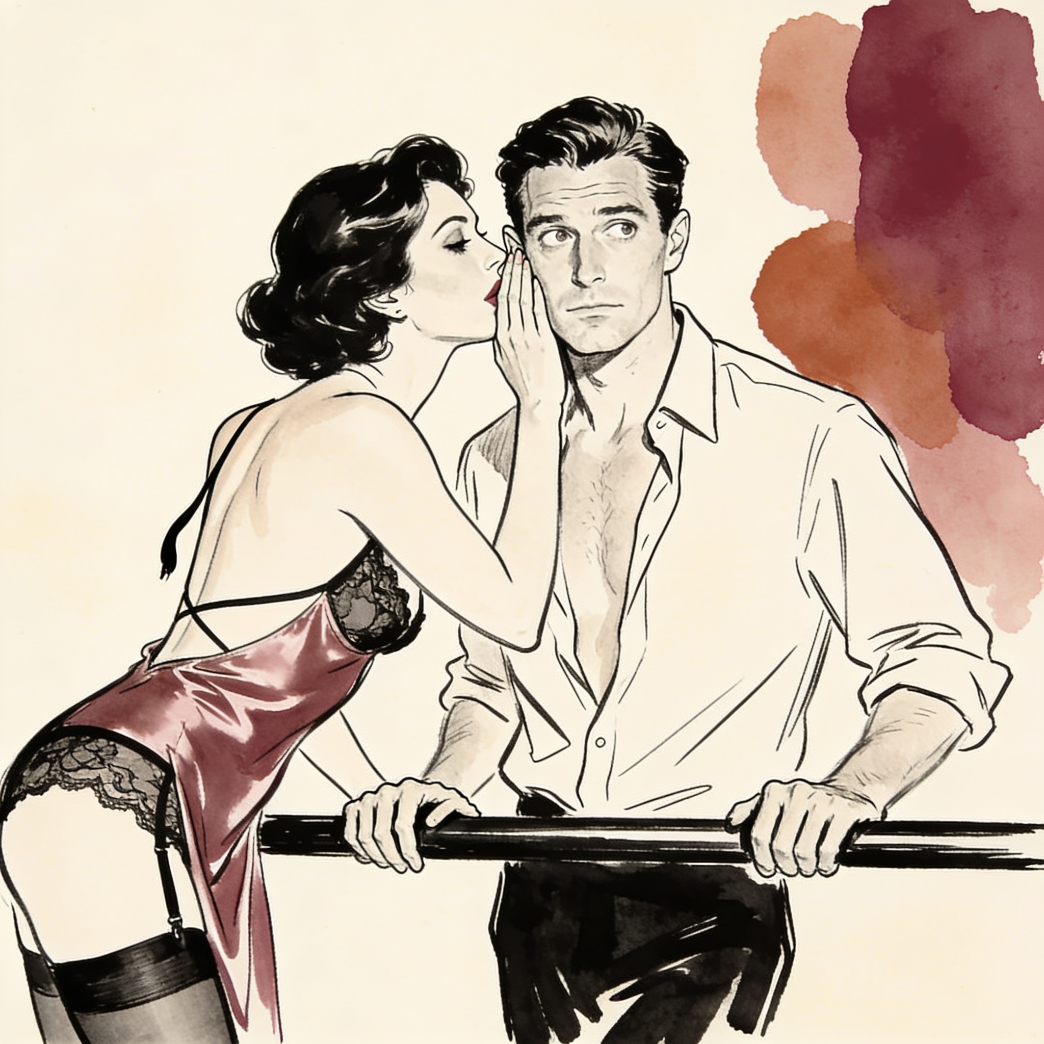 A woman in a silk slip whispers to a man at a dimly lit bar, her hand on his.