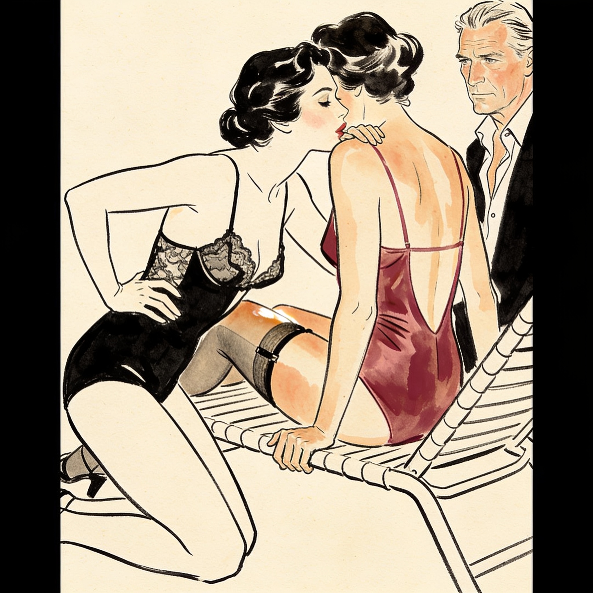 A woman kneels, whispering close to another's thigh as a man watches tensely.