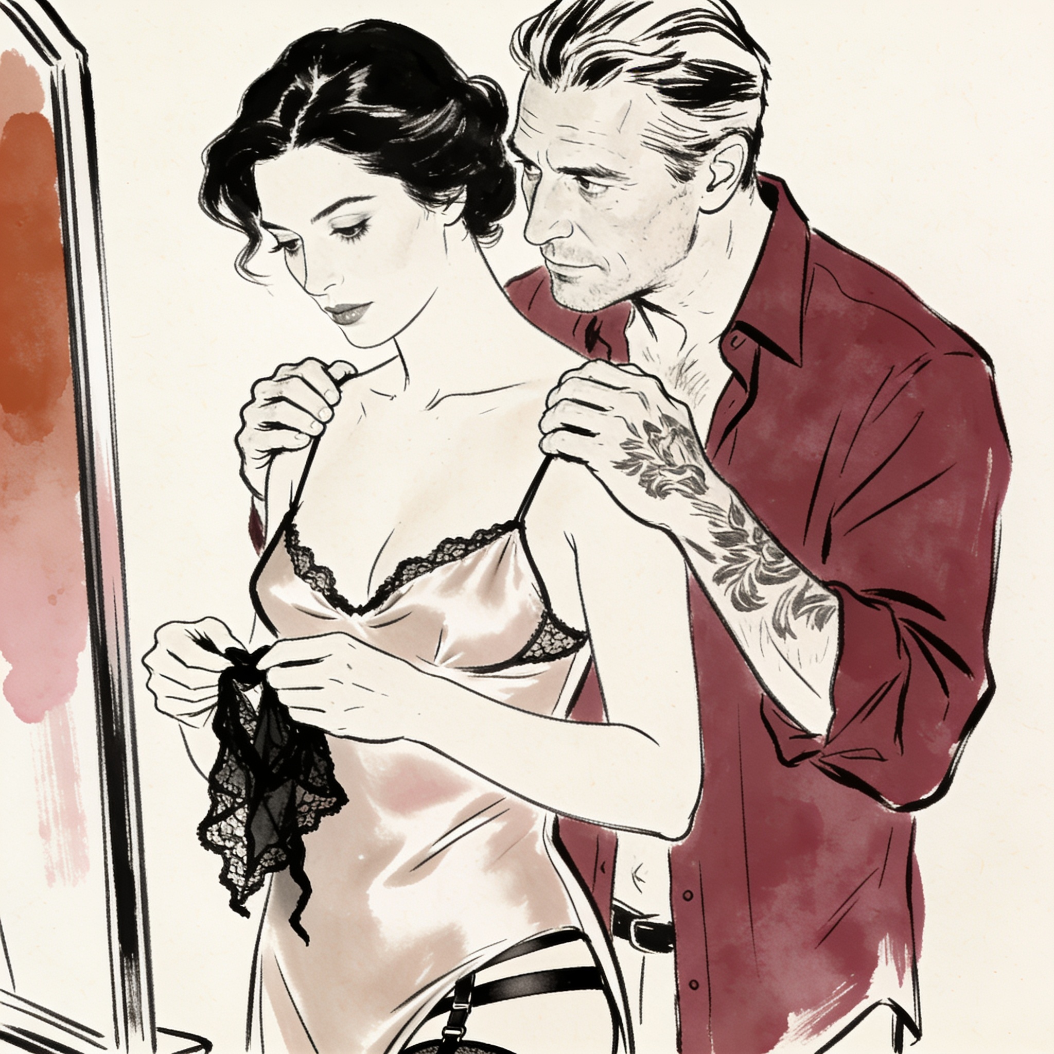 Couple in a modern bedroom, his hands on her bare shoulders as they gaze into a mirror.
