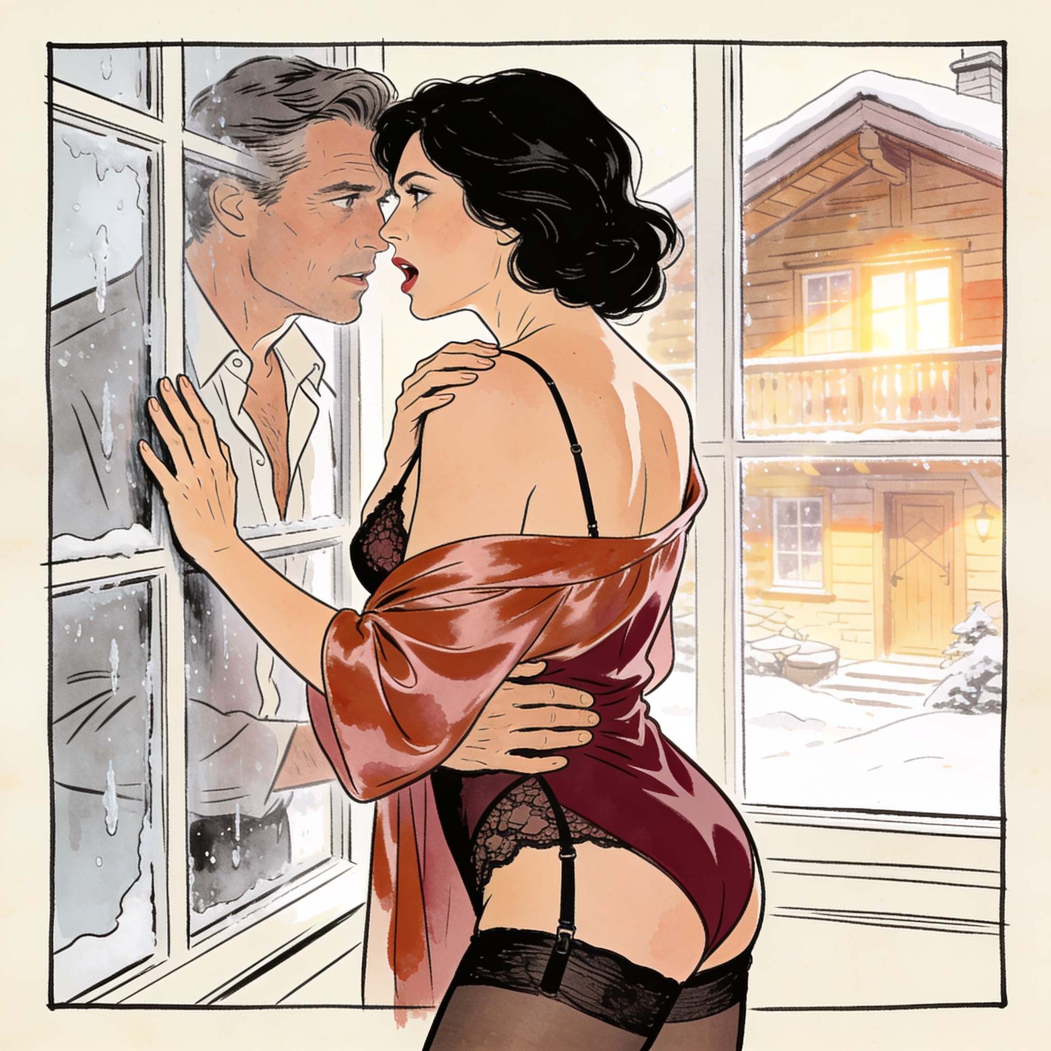 A woman in a silk camisole meets her lover's gaze through a chalet window.