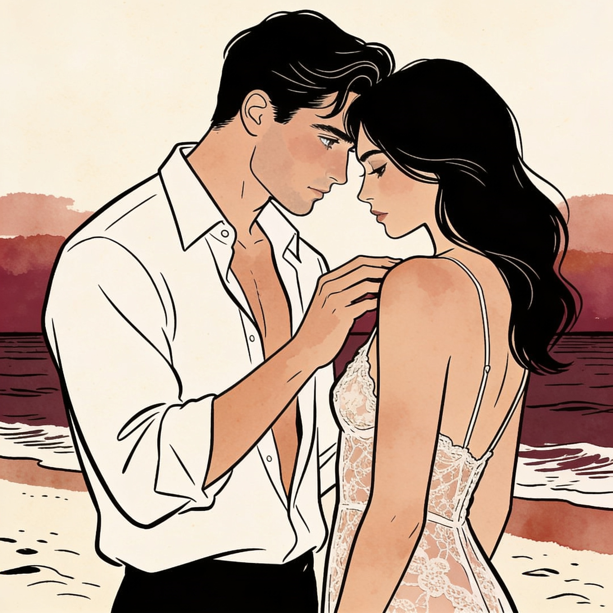 A couple in intimate apparel share a tense, close moment on a deserted beach at dusk.