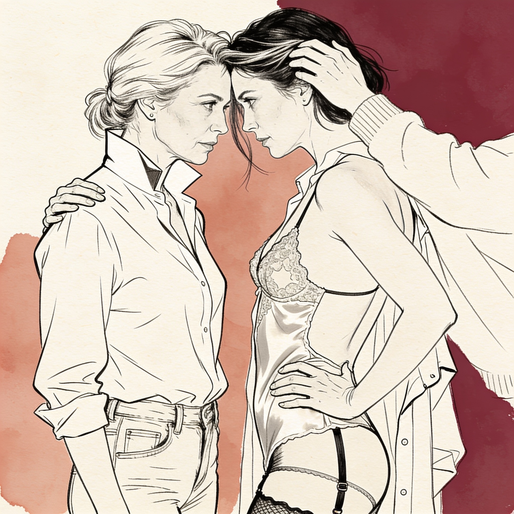 Two women stand close in a dorm room; one gently touches the other's face as their eyes...