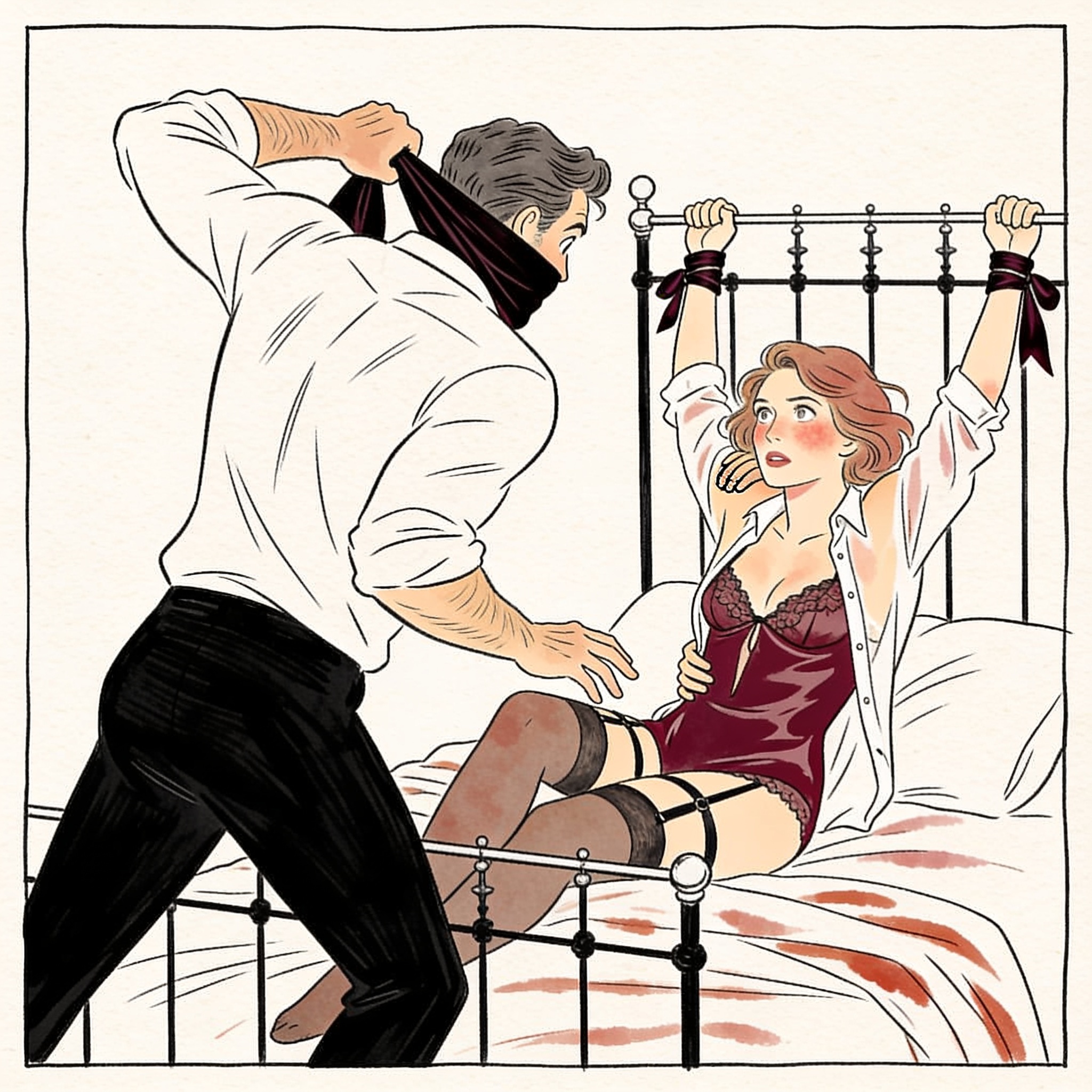 Bound woman watches her partner being subdued in dim bedroom.