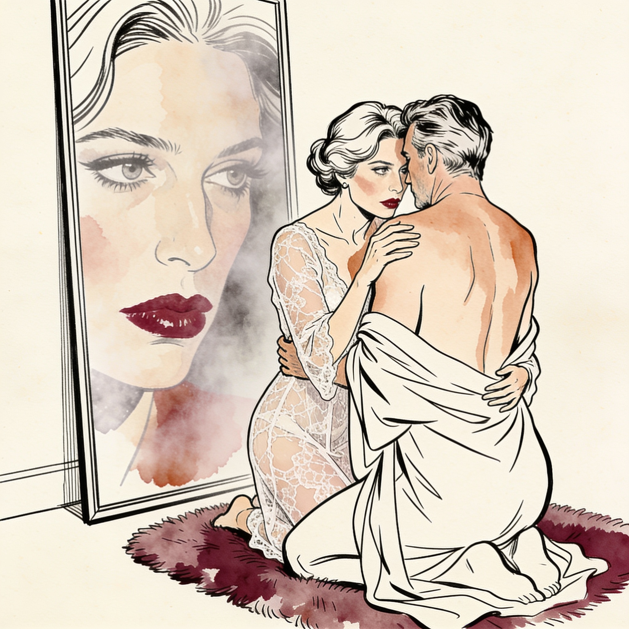 Athletic wife gazes into mirror at kneeling husband in lace, his lipstick smudged, capt...