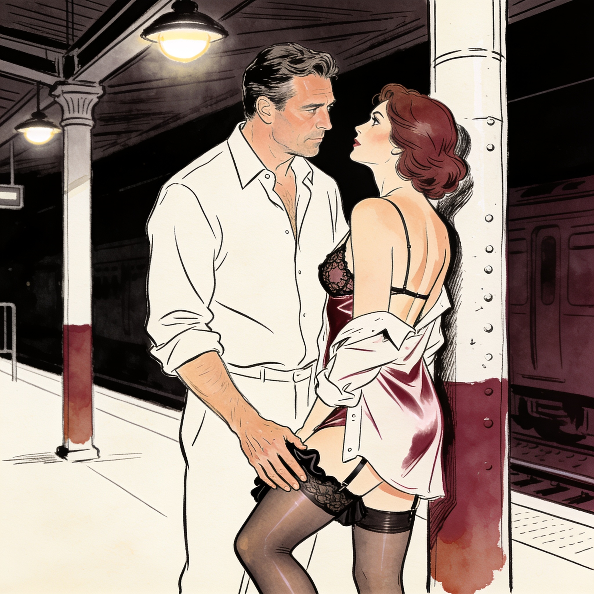 A couple in a charged, intimate moment under train platform lights, his hand on her sto...