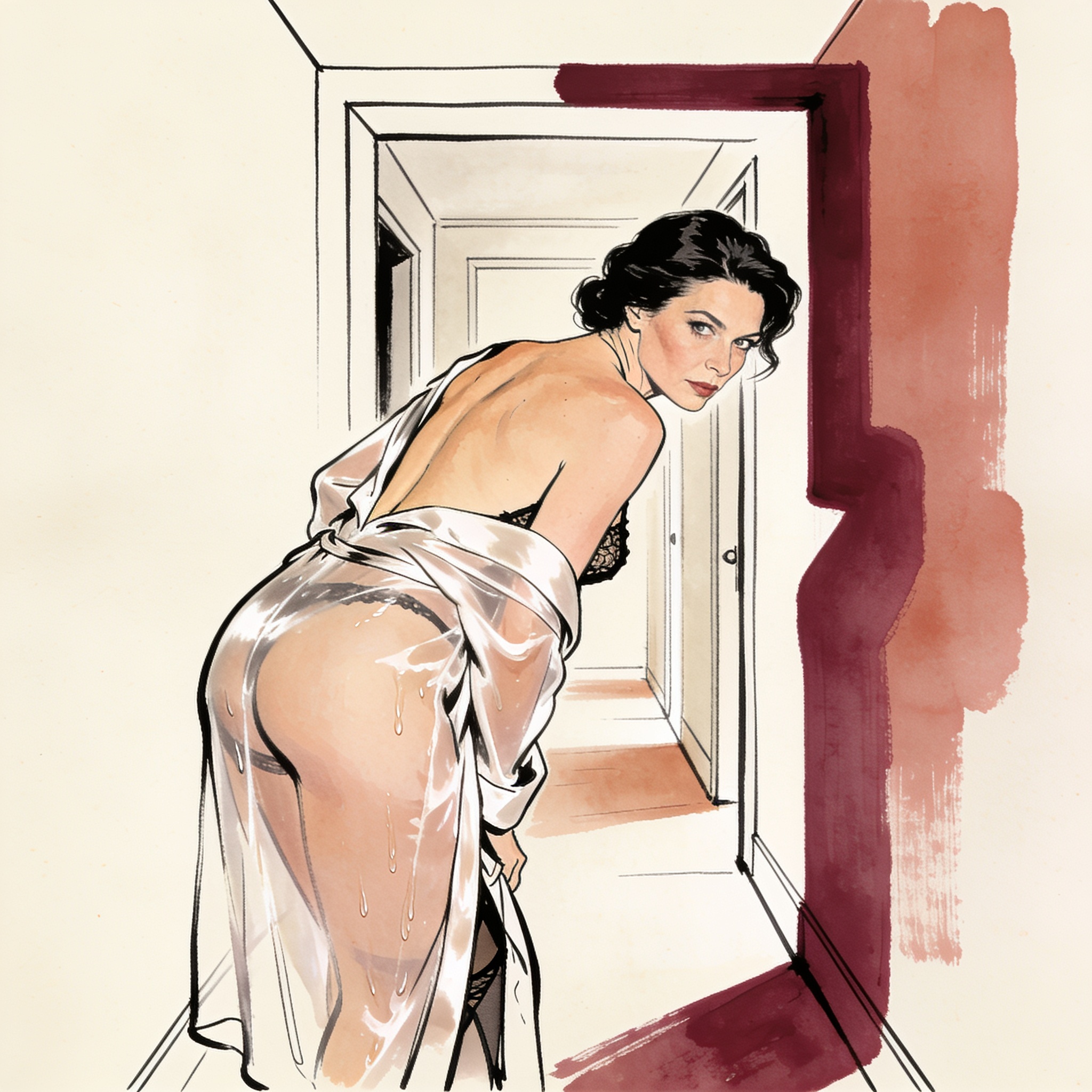 Woman in a wet silk robe looks back, robe open to reveal her bare back and hip.