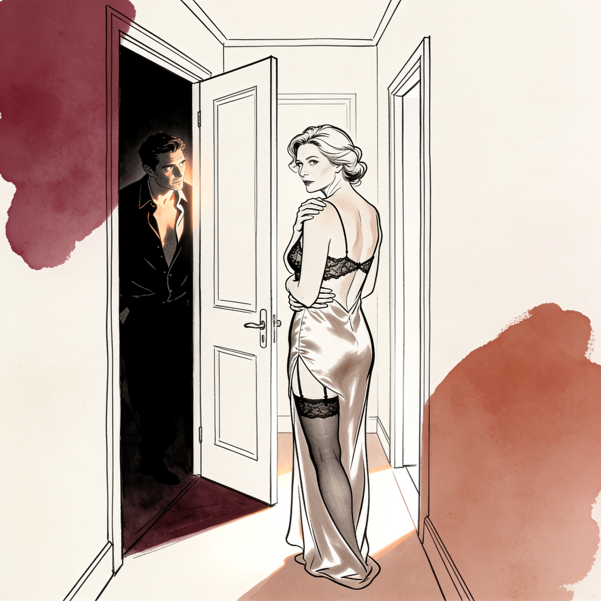 A woman in a silk nightgown stands tensely as a man watches from a dark doorway.