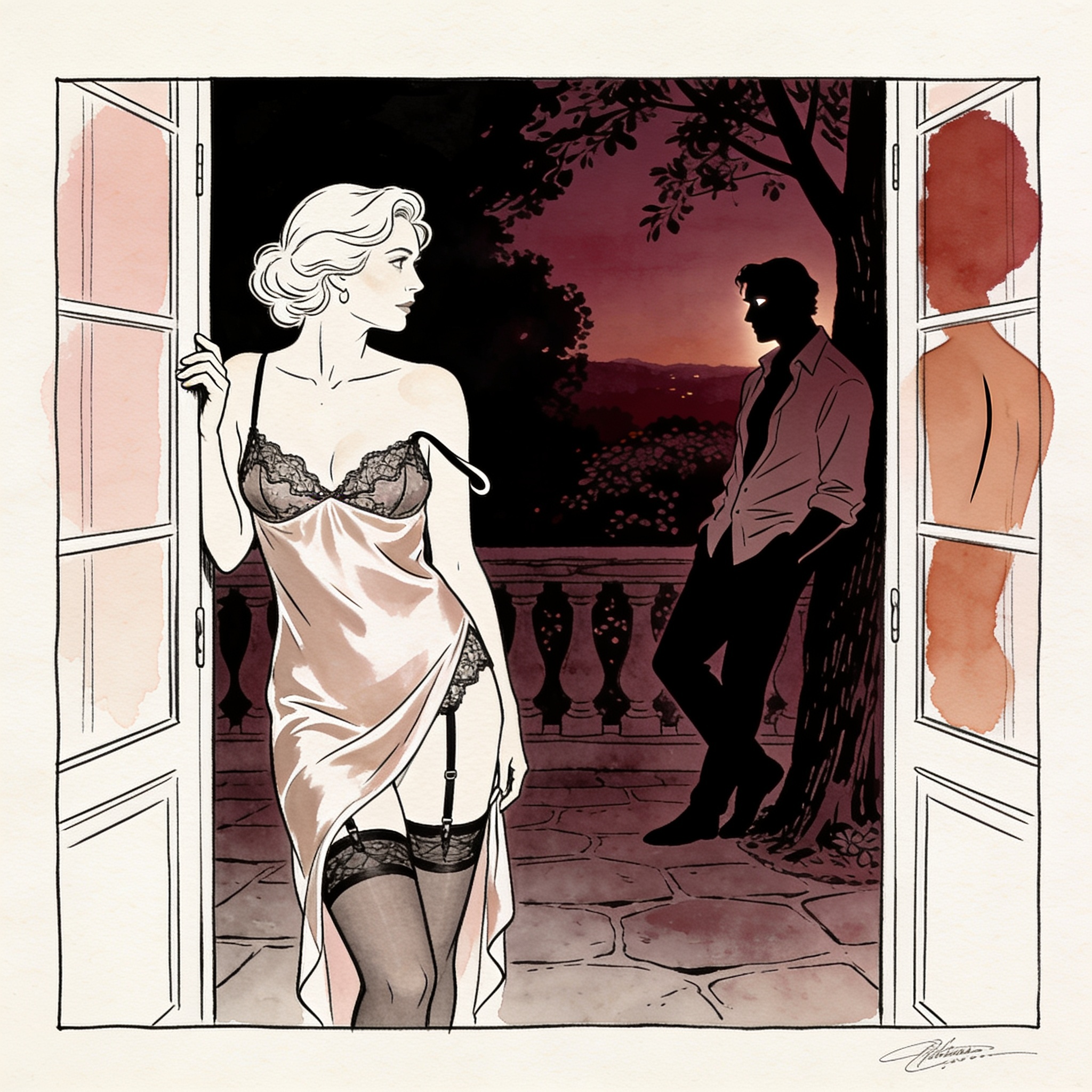 A woman with a strap slipping, locking eyes with a stranger across a dusky garden.