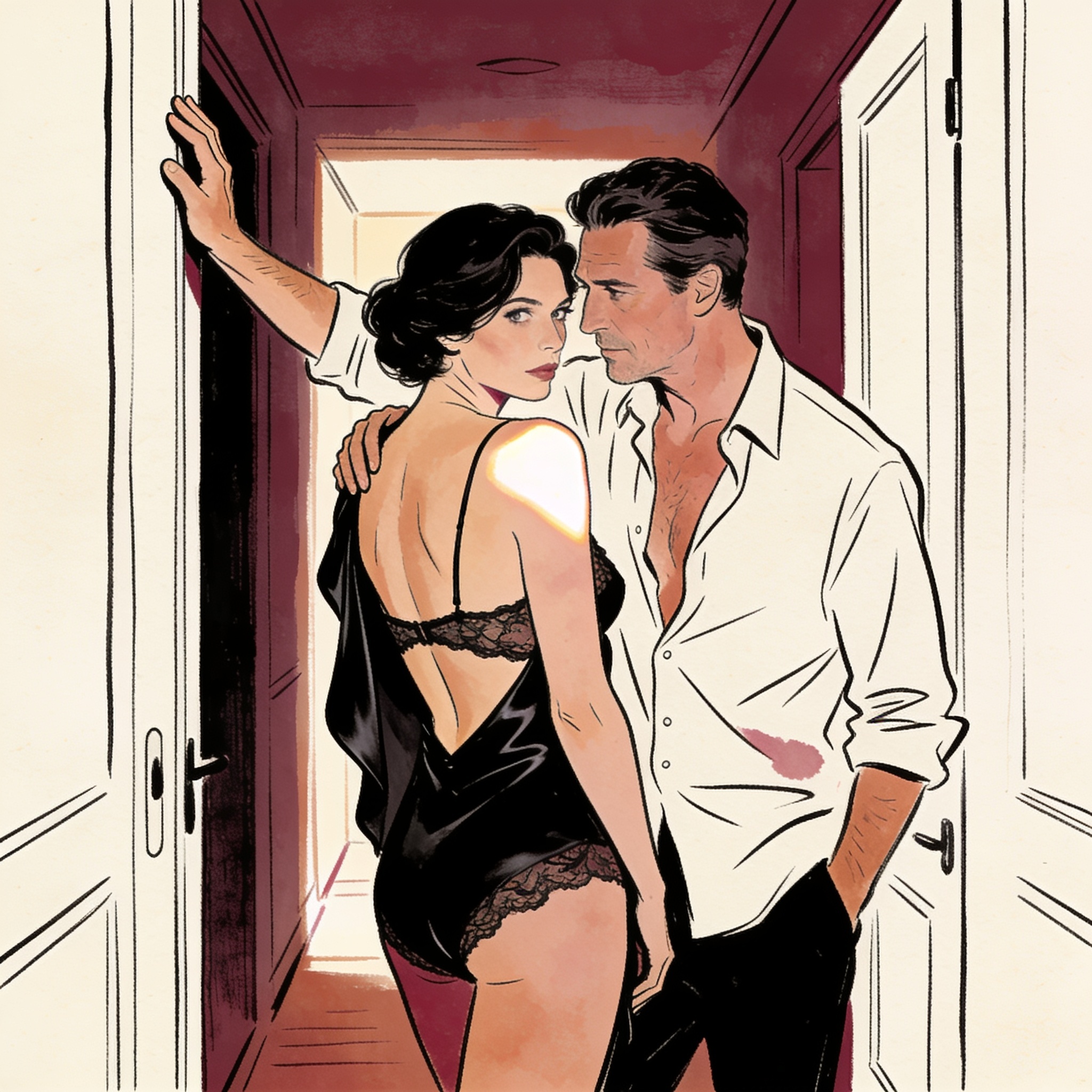 A woman in a slipped black strap glances back at a man close behind her in a doorway.