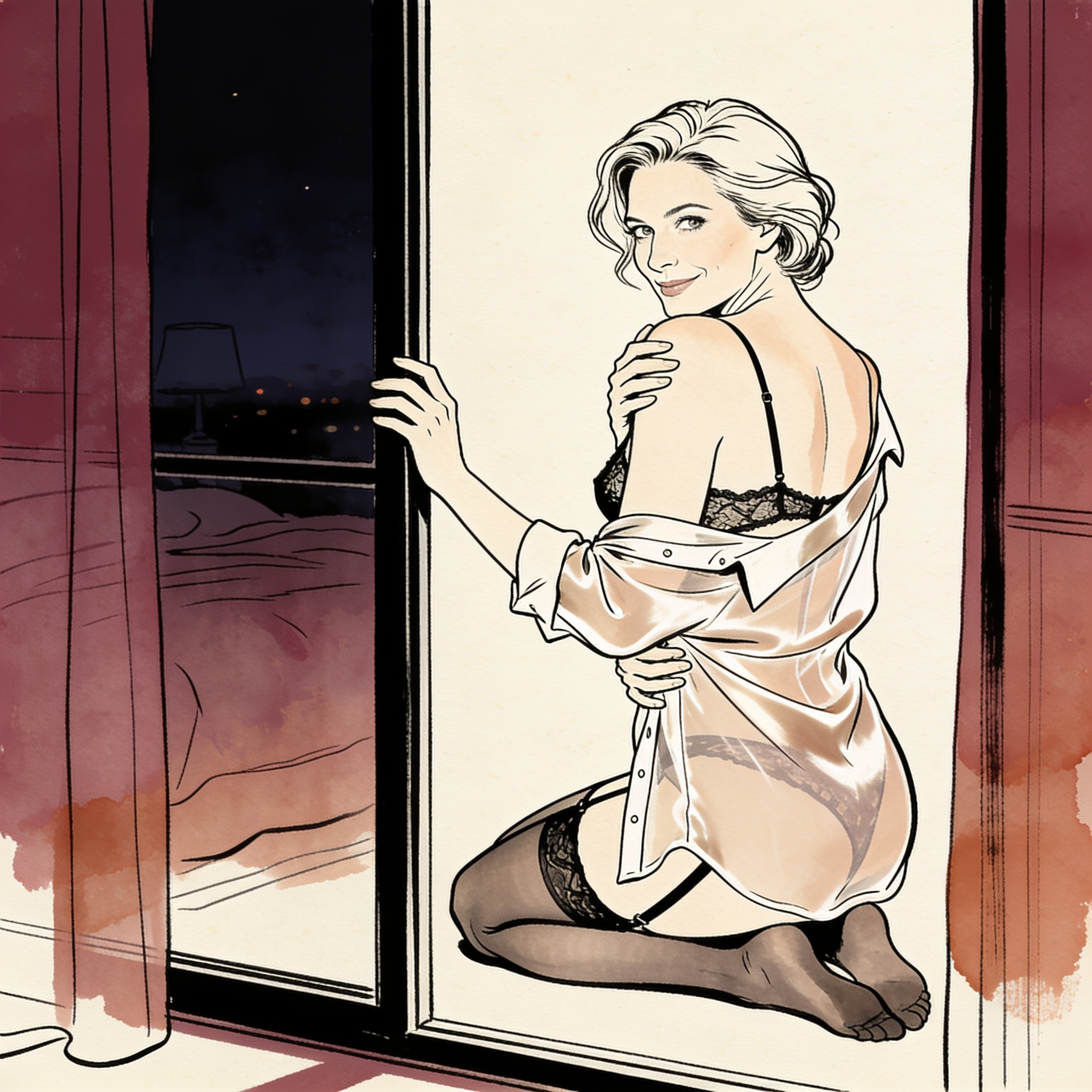 A woman's shoulder bared, looking back through a window with a secretive smile.