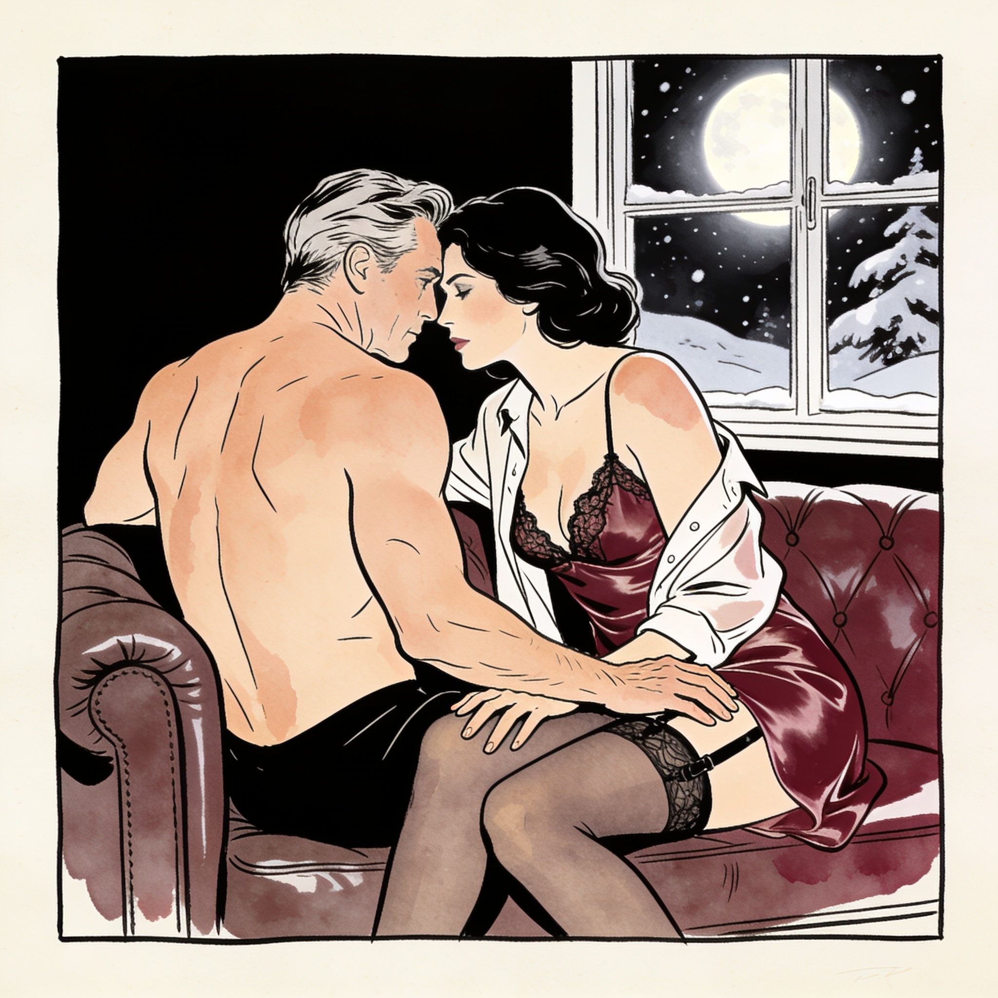 A couple shares an intimate, charged moment on a couch in a moonlit chalet.